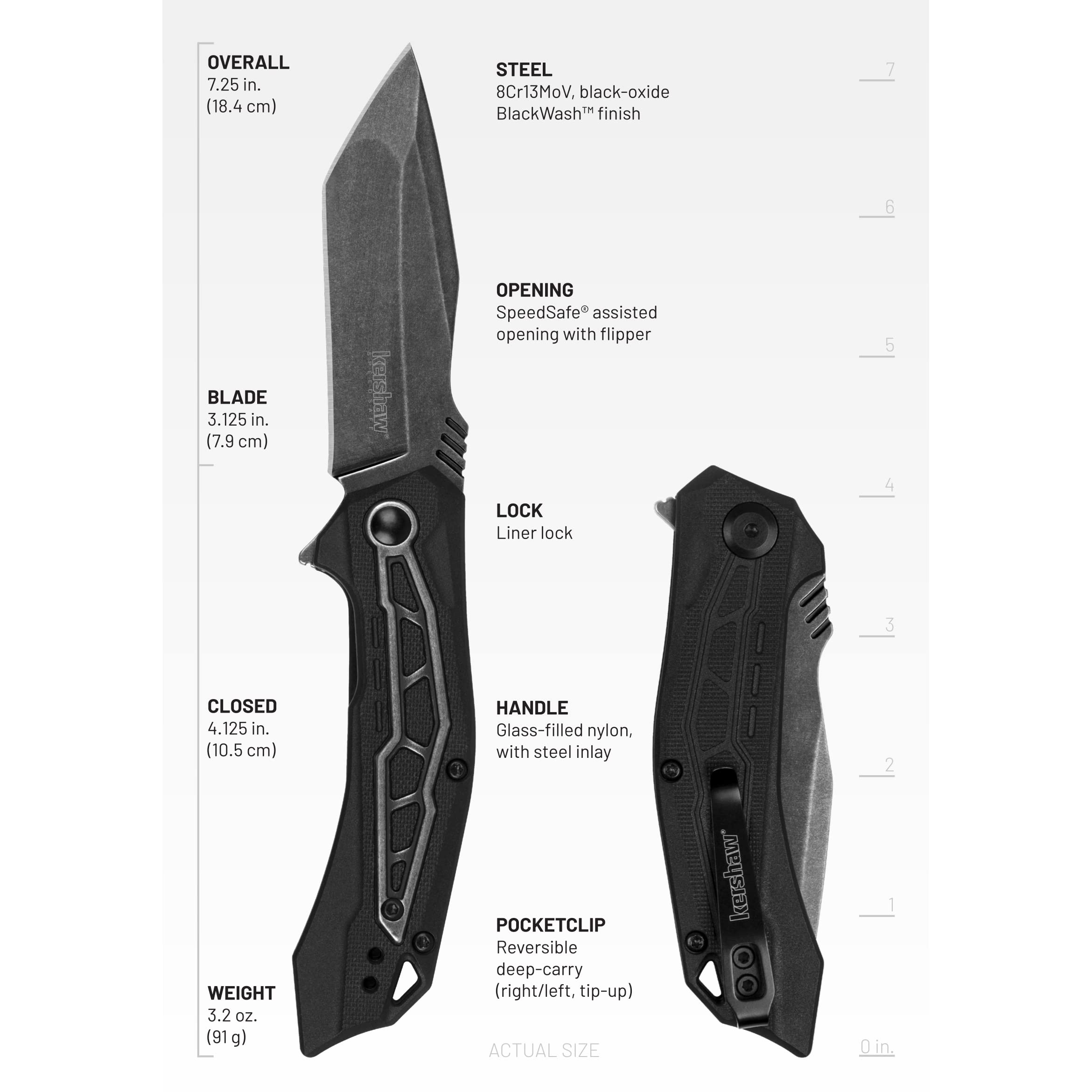 Kershaw Pocket Knife Flatbed, Black 3.125 inch Blade with SpeedSafe Opening Mechanism, Glass Filled Nylon Handle with Liner Lock and Pocketclip