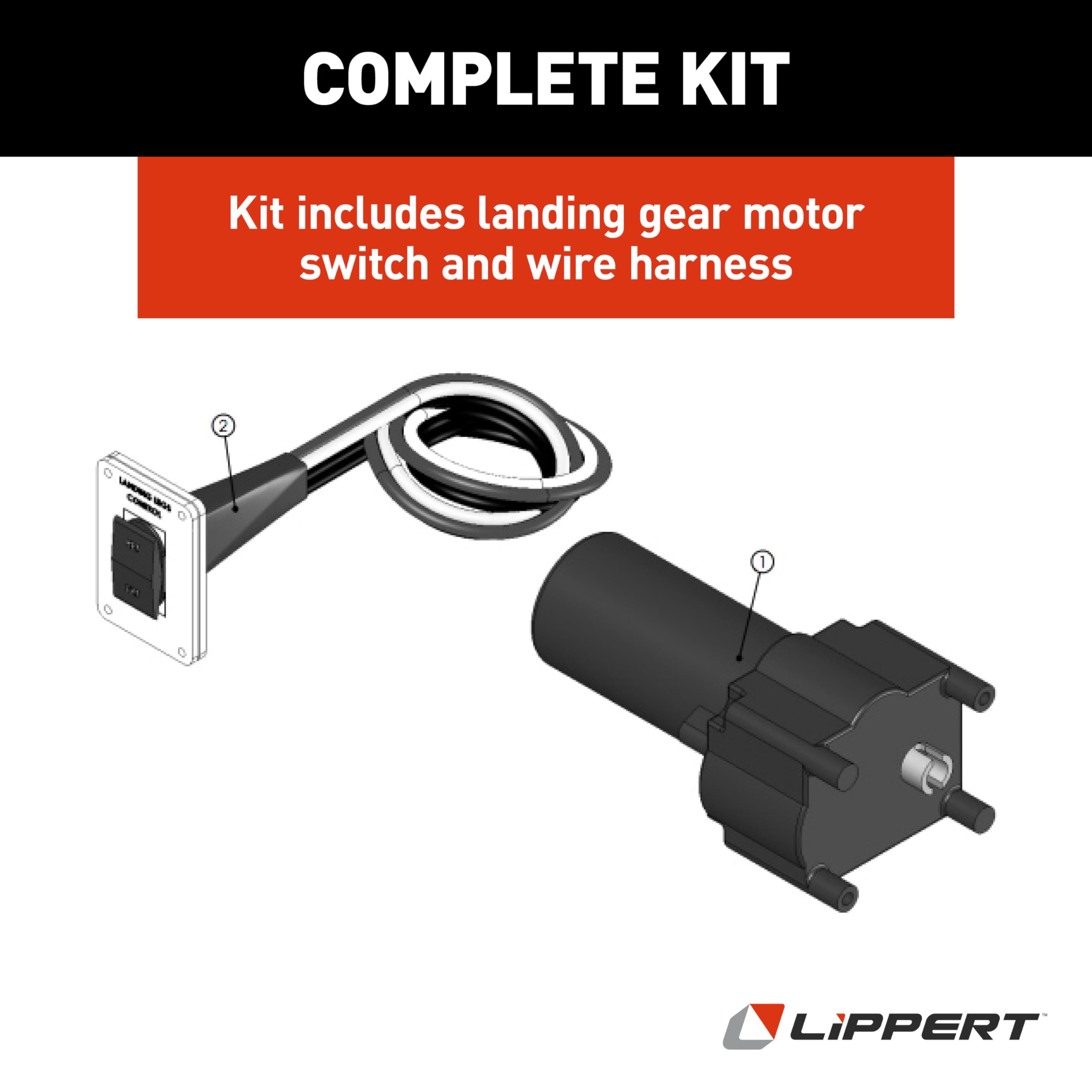 Lippert Replacement Power Gear RV Landing Gear Motor & IP-Rated Switch Kit with Wiring Harness, Easy to Install - 217884