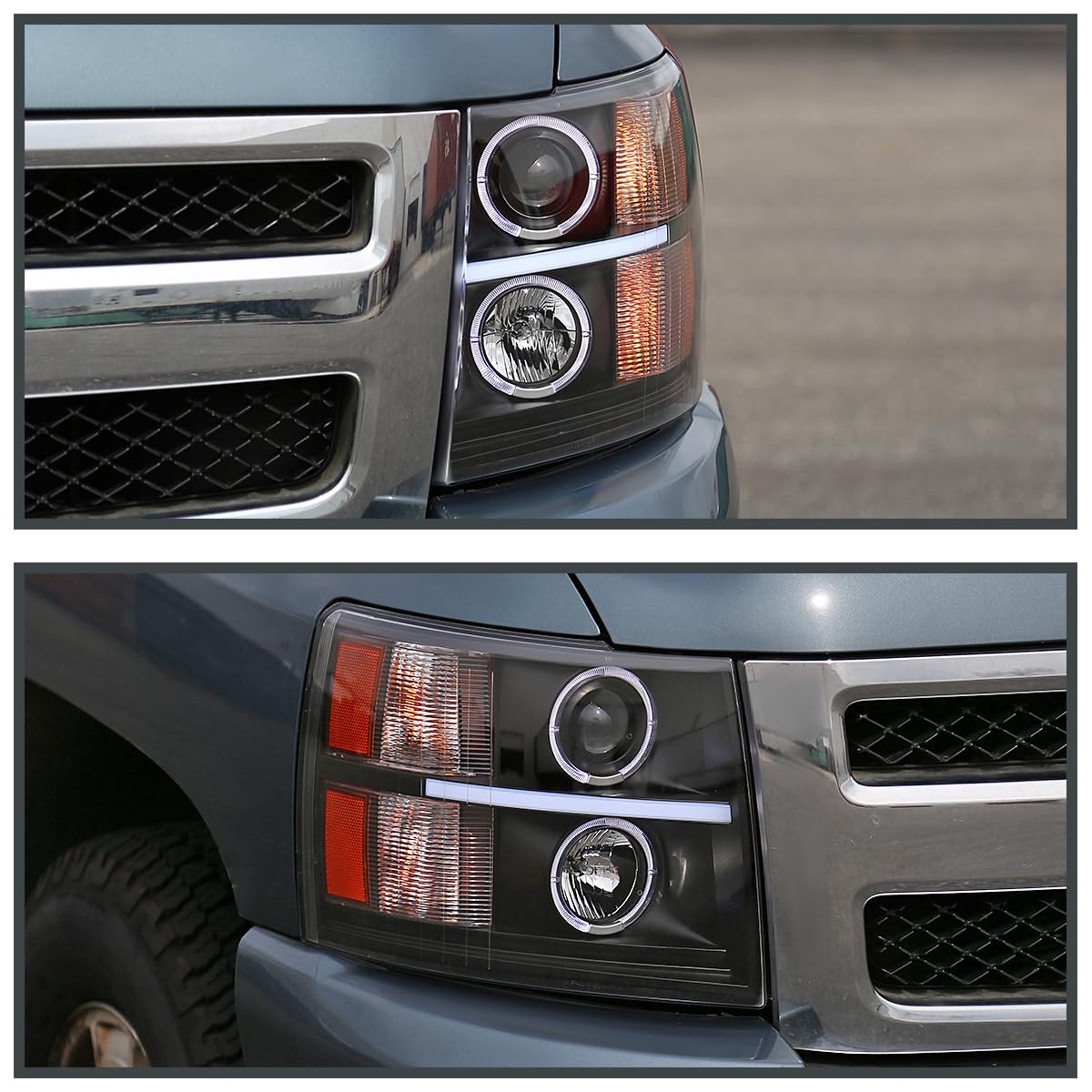 Black LED Dual Halo Projector Headlights SPEC-D TUNING Compatible with 2007-2013 Chevy Silverado 1500, 2007-2014 Silverado 2500 3500, Left + Right Pair Headlamps Assembly