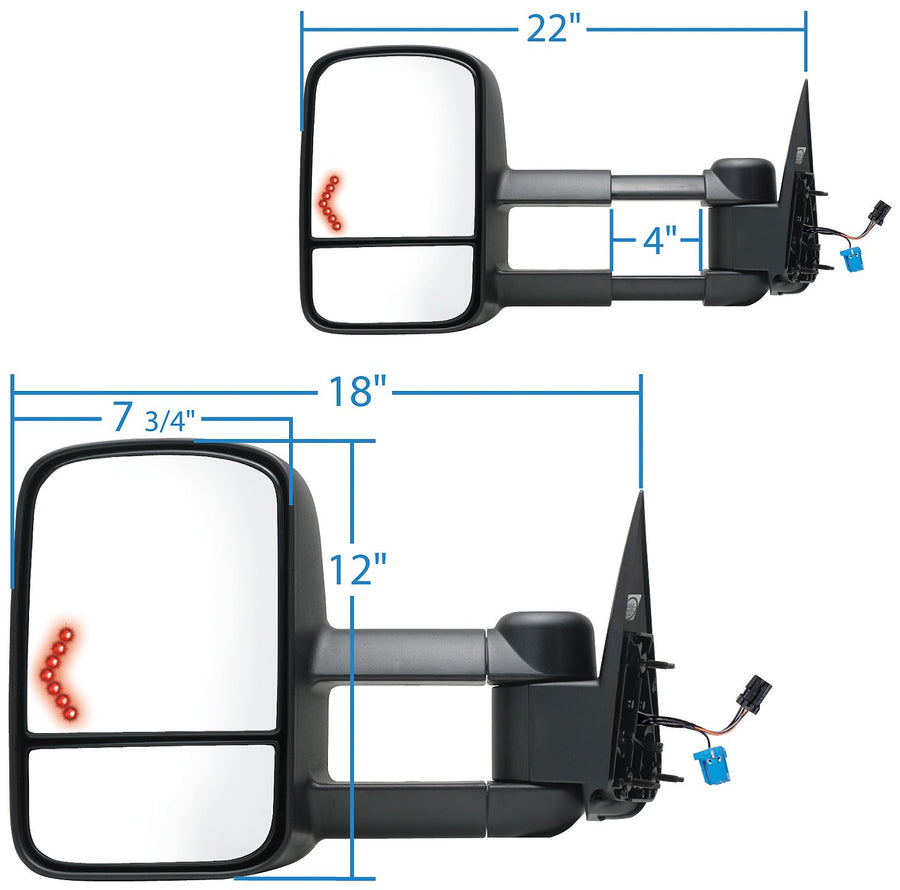 K Source Extendable Driver Side Towing Mirror For 2003 – 2007 Escalade, Avalanche, Suburban, Tahoe, Yukon, Silverado, Sierra, Silverado/Sierra Classic. Textured Black, Power Heated, LED Arrow Signal, Dual Lens, Foldaway