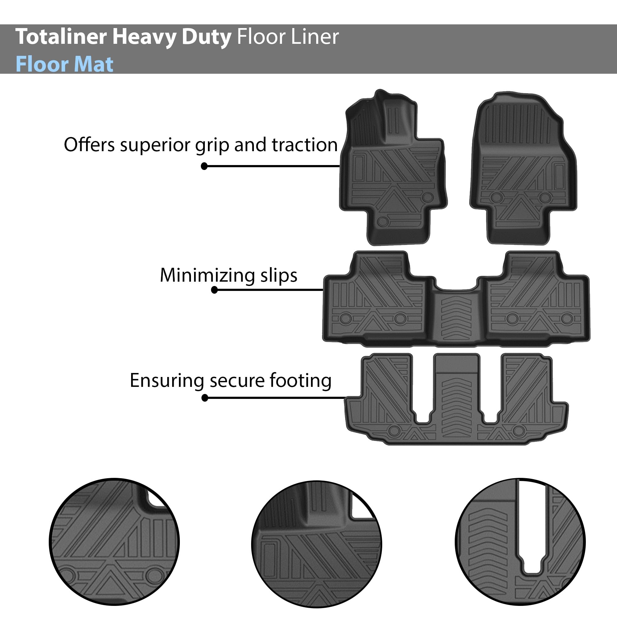 TOTALINER Black Horse Heavy Duty Floor Mat Anti-Skid Black 1.37'' Thickness Compatible with 2022-2023 Toyota Highlander 7-seats-FMTHI22