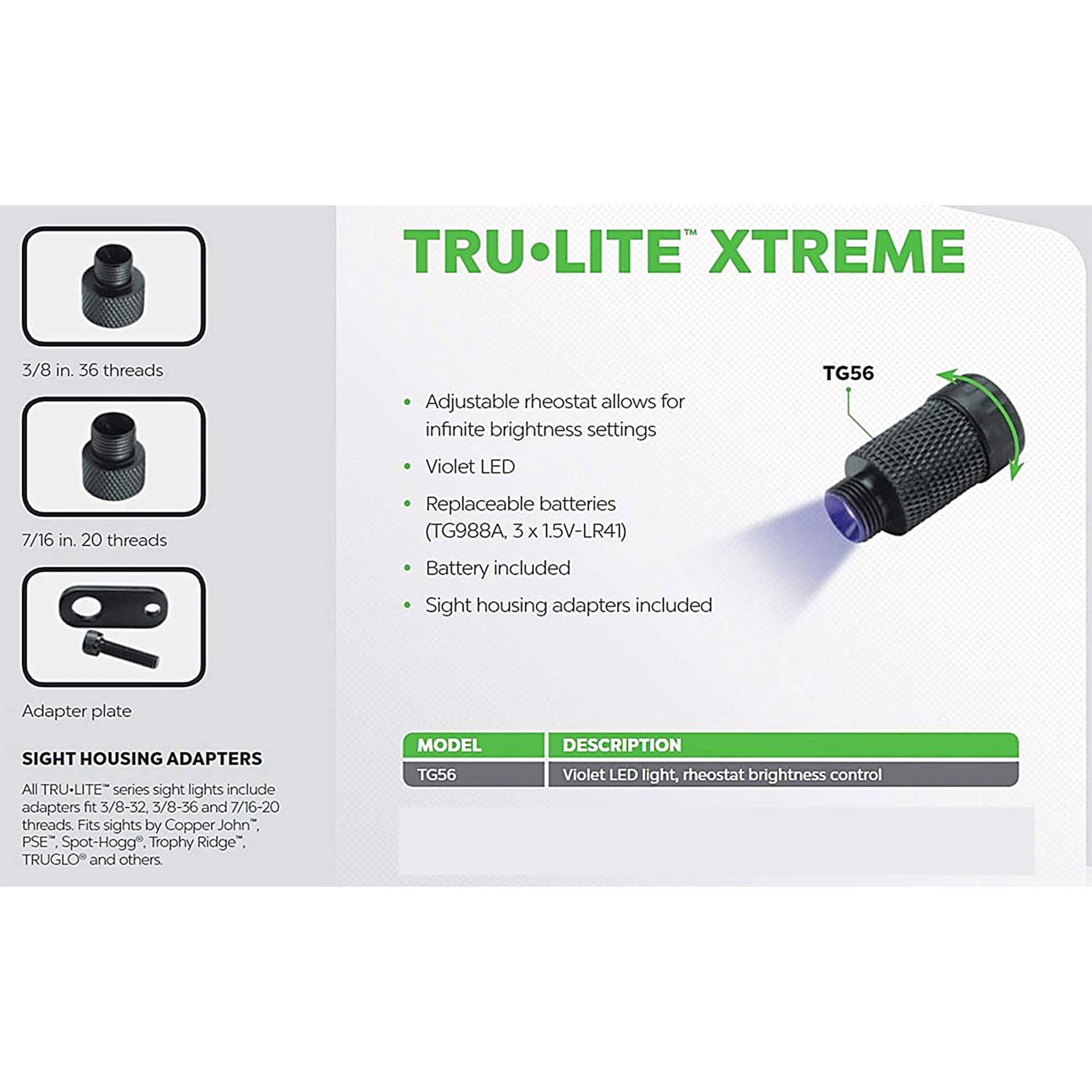 TRUGLO Durable Tru-Lite Xtreme Versatile Violet LED Sight Light w/Adjustable Rheostat - Battery & Sight Housing Adapters Included