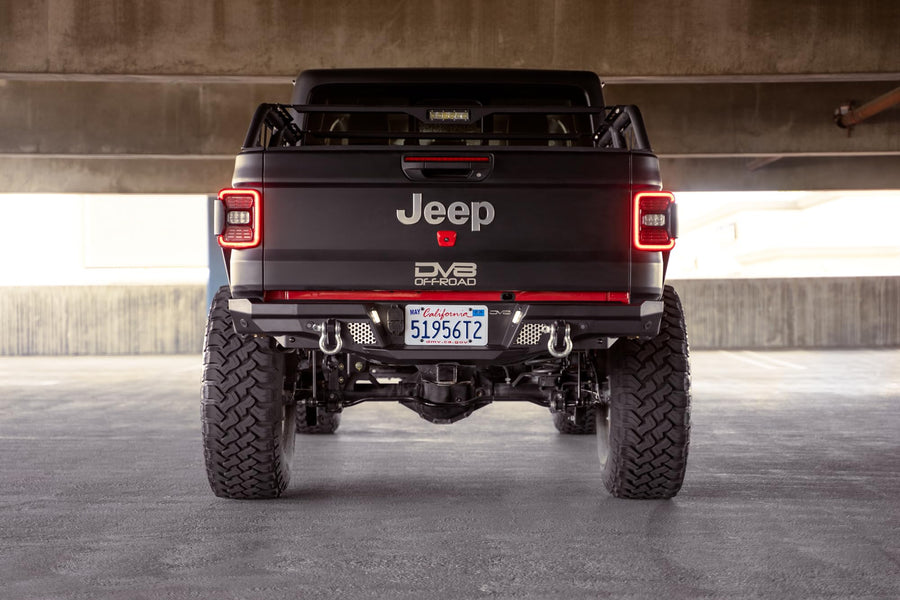 FS-7 Series DV8 Offroad Rear Bumper for the 2020-2025 Jeep Gladiator JT | High Clearance Design | Mounts for Two 3” Light Pods | Compatible with OEM Plate Lights & Trailer Harness Connector