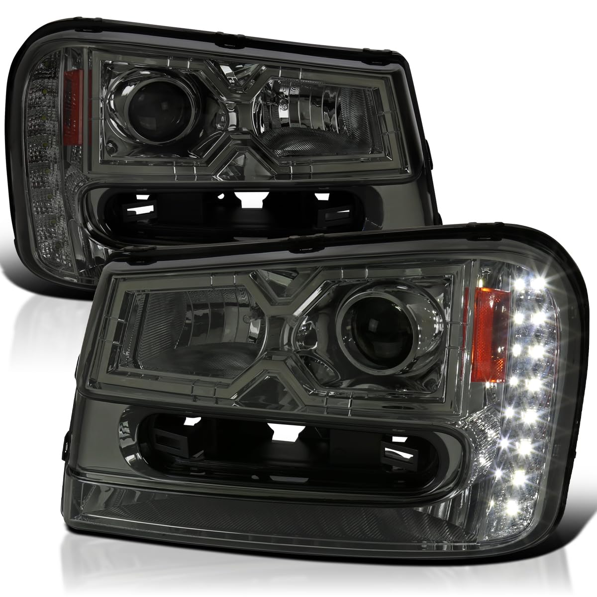 Smoke SPEC-D TUNING Projector Headlights w/LED Compatible with 2002-2009 Chevy Trailblazer, Left + Right Pair Headlamps Assembly