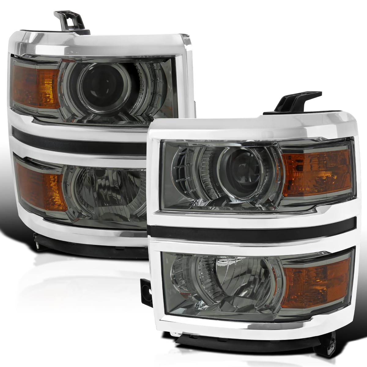 Light Smoke Spec-D Tuning Projector Headlights w/Silver Trim Compatible with 2014-2015 Chevy Silverado 1500, Left + Right Pair Headlamps Assembly
