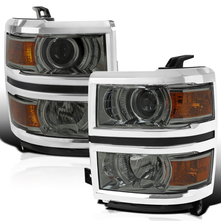 Light Smoke Spec-D Tuning Projector Headlights w/Silver Trim Compatible with 2014-2015 Chevy Silverado 1500, Left + Right Pair Headlamps Assembly