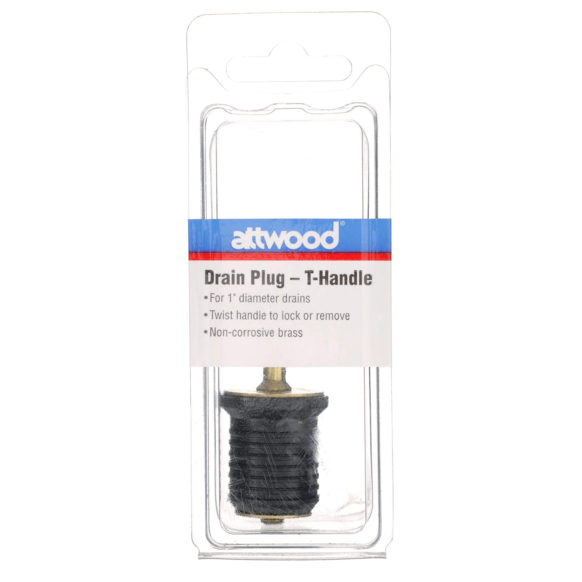 Attwood T-Handle Drain Plug 7526A7, For 1-Inch-Diameter Drains, Locks in Place, Brass Handle, Rubber Plug