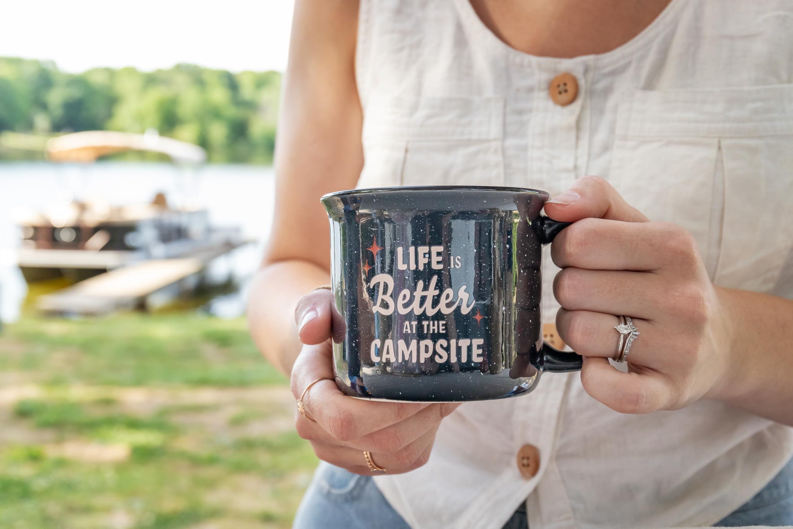 Ceramic Coffee Mug Camco Life is Better at The Campsite - Microwave and Dishwasher Safe - Features Speckled Blue Background with Life is Better at the Campsite Design - Coffee Cup Holds 14oz. (53473)