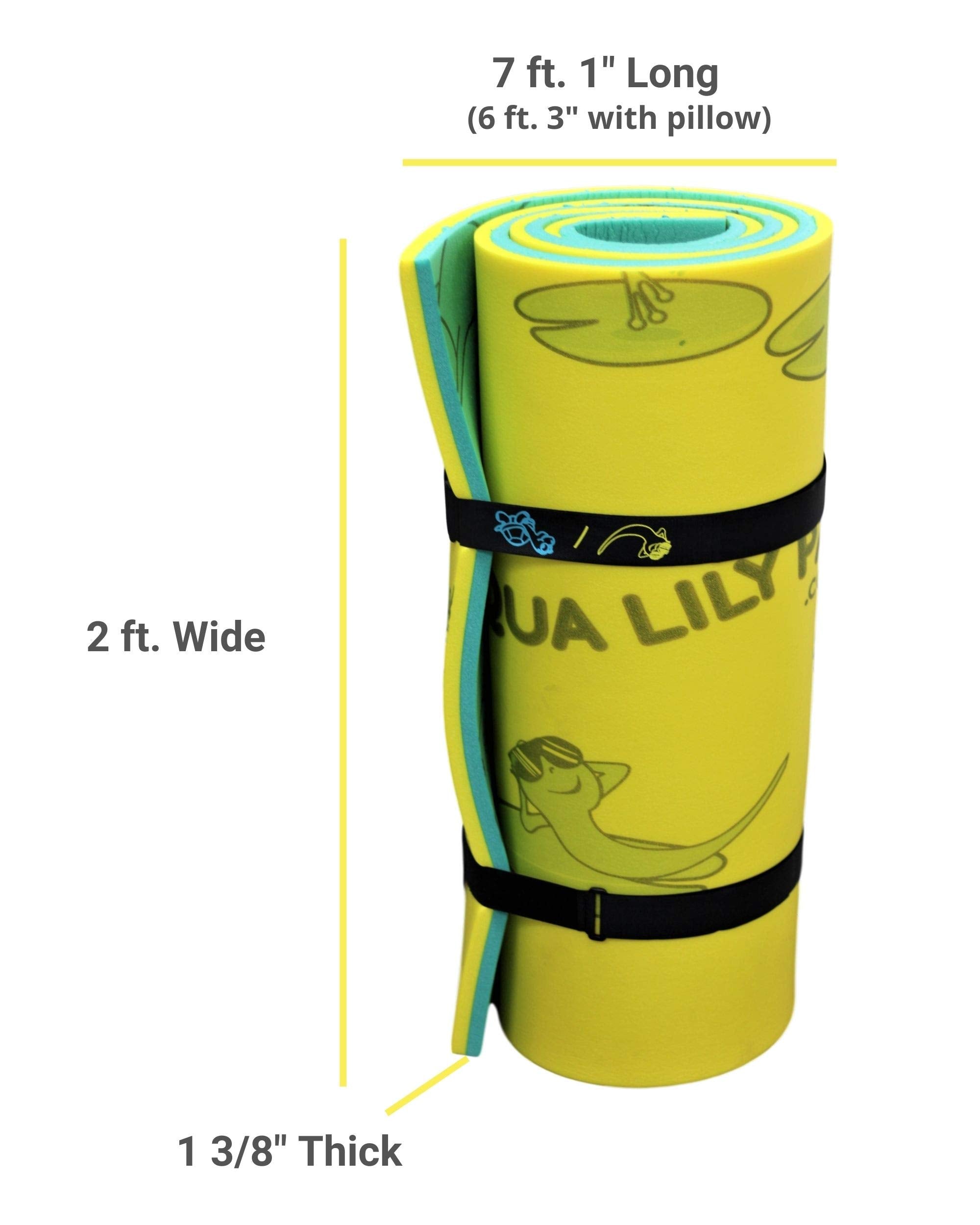Aqua Lily Pad 85 x 24 Inch Single Adult Tadpole Floating Foam Pool Lounger Water Blanket Table Bed Mat with Pillow Straps & Storage Bag, Green/Yellow