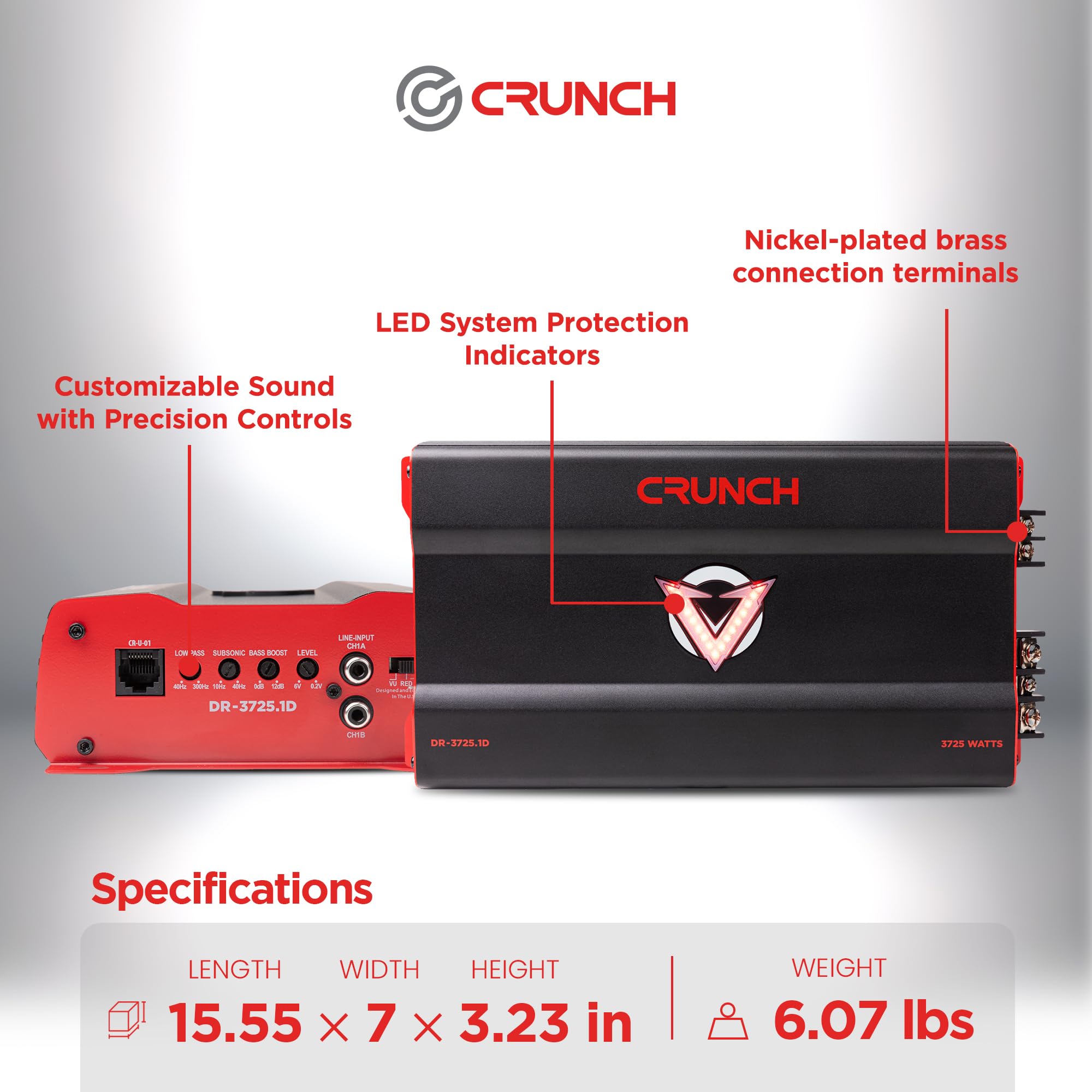 Monoblock Crunch 3725W Car Audio Amplifier with Adjustable Crossovers, Bass Knob & Remote, LED VU-Meter, QTD Cooling and PWM Power Supply