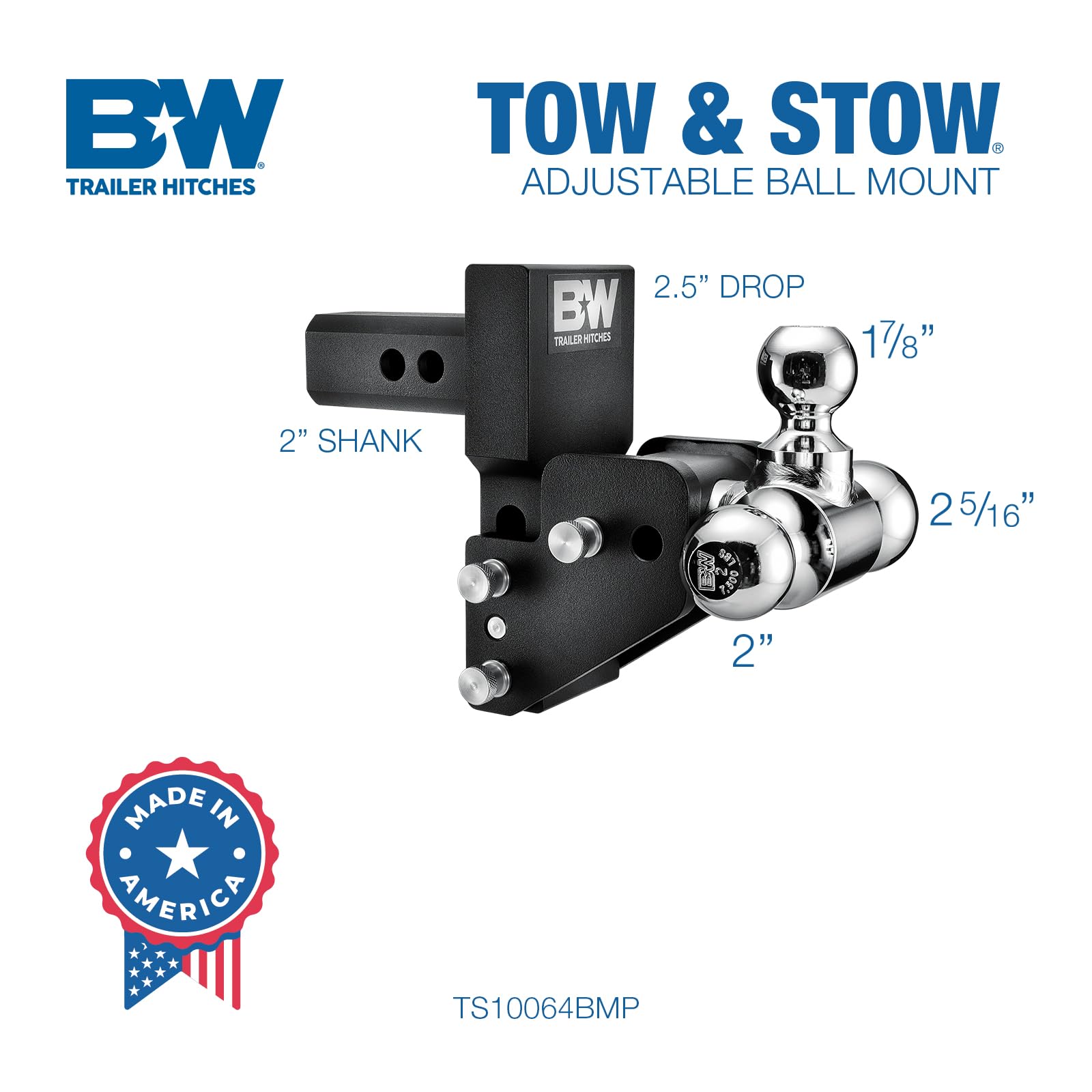 MultiPro B&W Trailer Hitches Tow & Stow Adjustable Trailer Hitch Ball Mount Compatible with MultiPro Tailgate - Fits 2" Receiver, Tri-Ball (1-7/8" x 2" x 2-5/16"), 2.5" Drop, 10,000 GTW - TS10064BMP