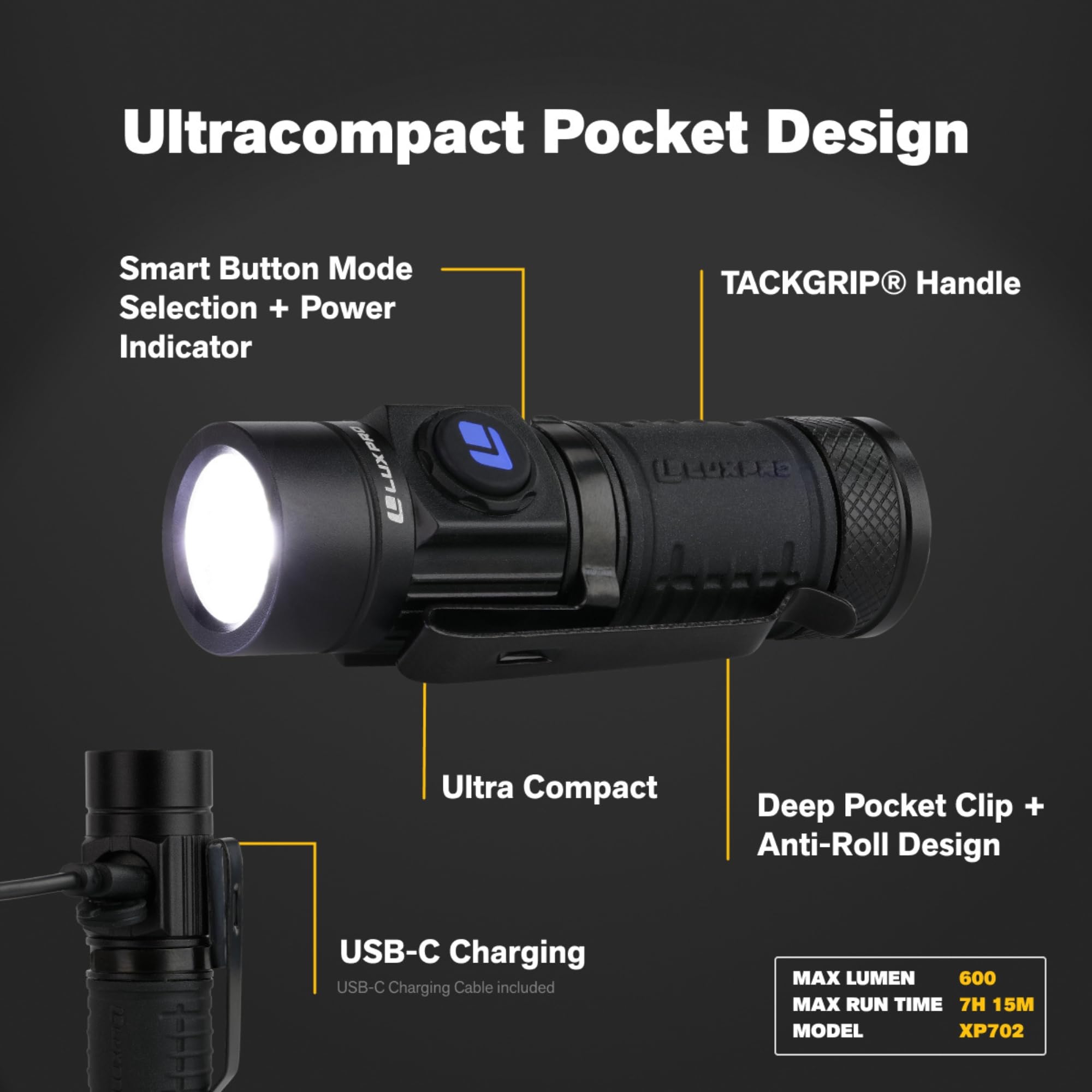 Pro Series LUXPRO LED Rechargeable High Lumens Flashlight - Compact, Waterproof Design w/ 3 Modes - Bright Flashlight for Outdoor, Emergency, Camping w/Smart Button - 600 Lumens - XP702