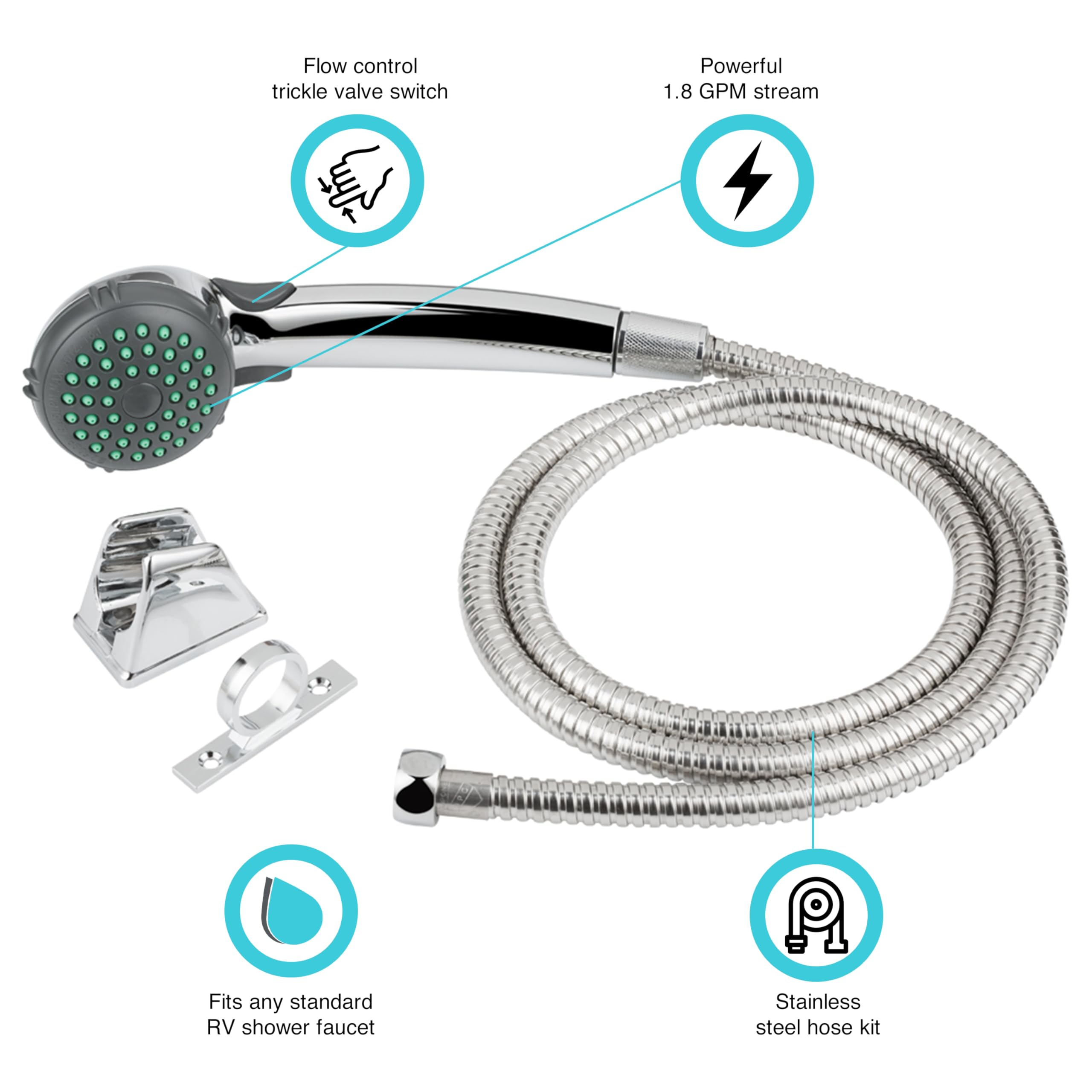Dura Faucet RV Hand Held Shower Head DF-SA400K-CP - Stainless Steel Hose Kit (Chrome)
