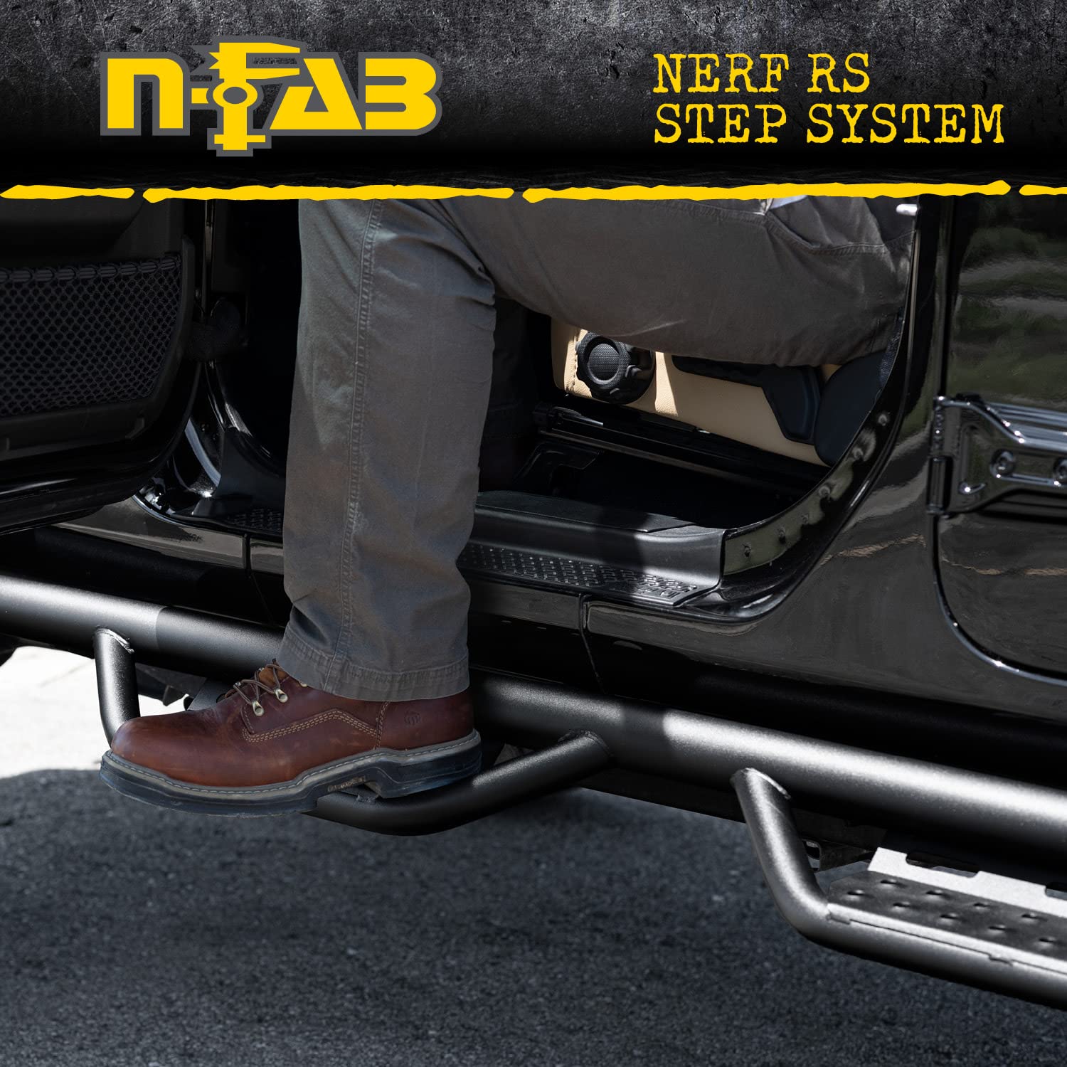 N-Fab RS Nerf Steps | Textured Black, Wheel-to-Wheel | 507416412 | Fits 2007-2018 Jeep Wrangler JK 4 Door All, SRW Gas