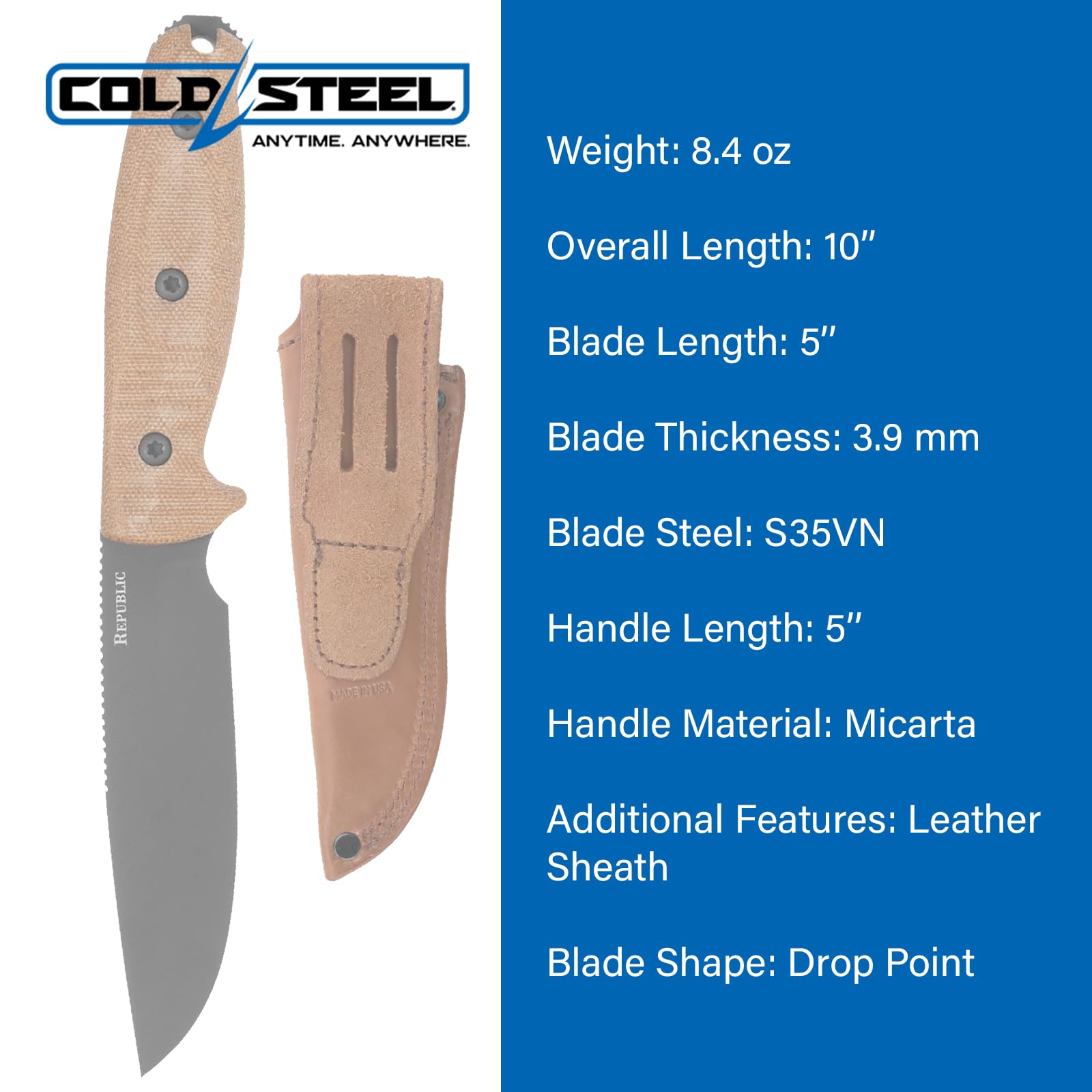 Cold Steel 5" Republic Bushcraft S35VN Drop Point Razor-Sharp Blade 5" Micarta Handle Tactical Outdoor Fixed Blade Knife w/Leather Sheath