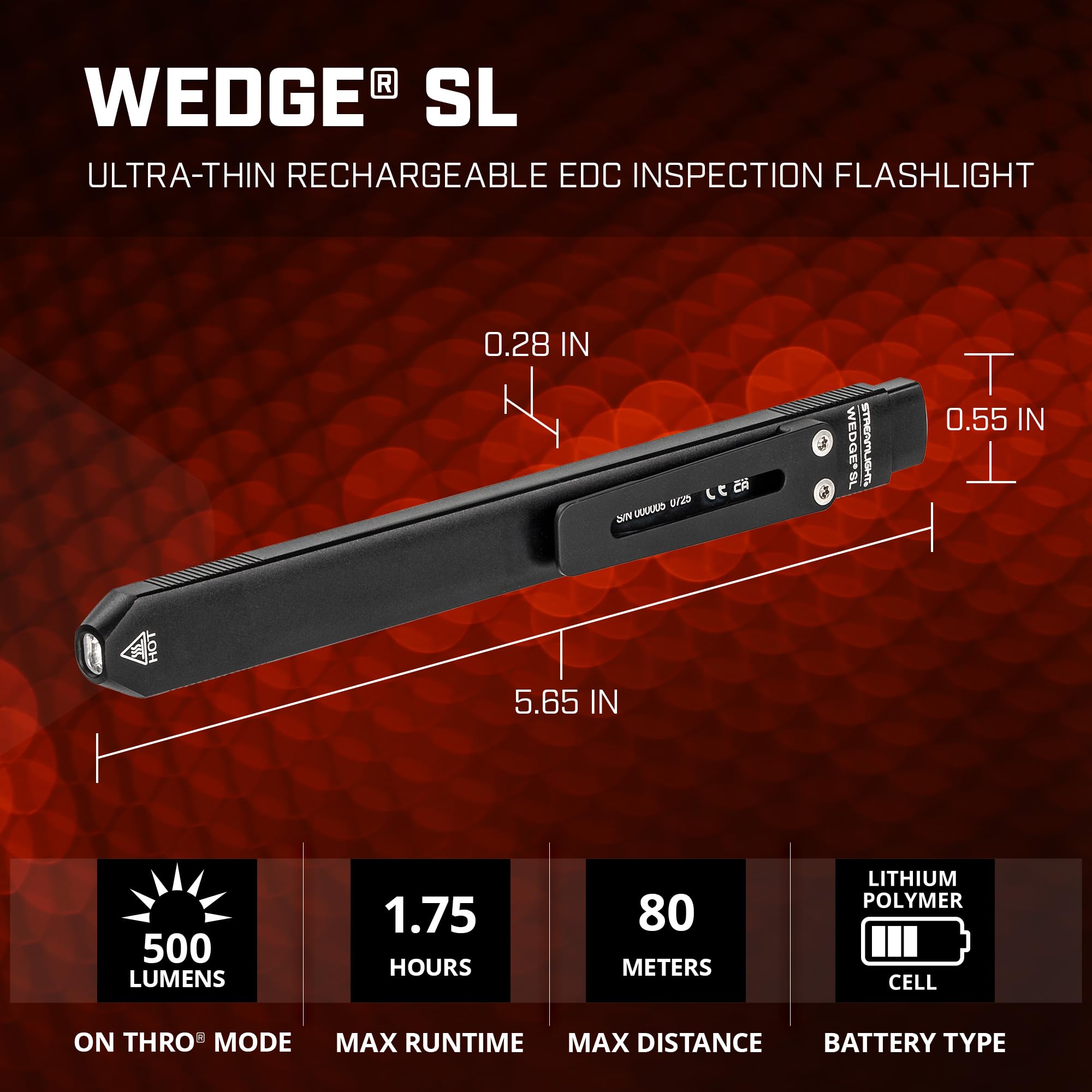 Streamlight Wedge SL 500-Lumen Max 100-Lumen Standard 1,600-Candela Ultra-Thin Rechargeable EDC Inspection LED Flashlight, Black