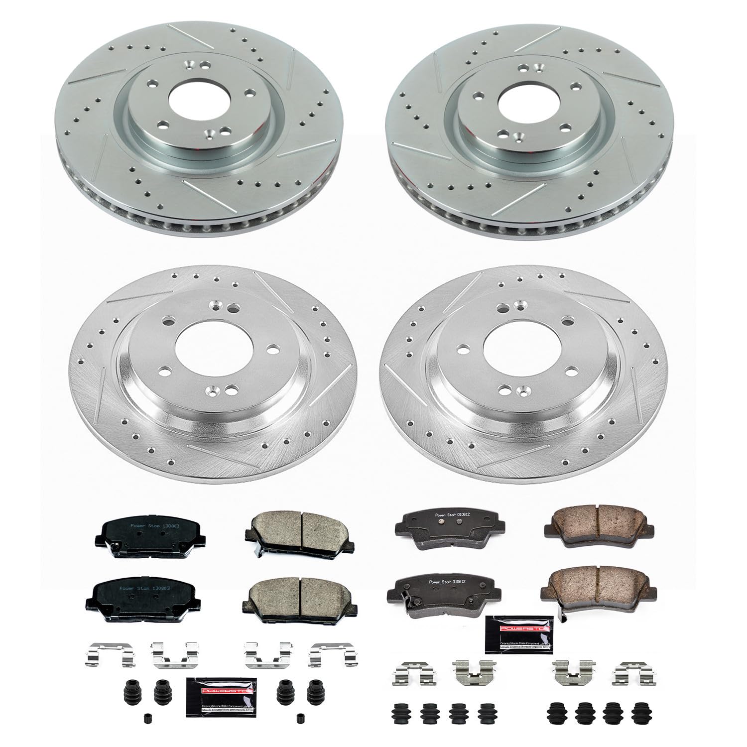 Power Stop K7824 Z23 Carbon Fiber Brake Pads Front and Rear with Drilled & Slotted Brake Rotors Kit For Kia Optima 2013-2015 [Model Specific]