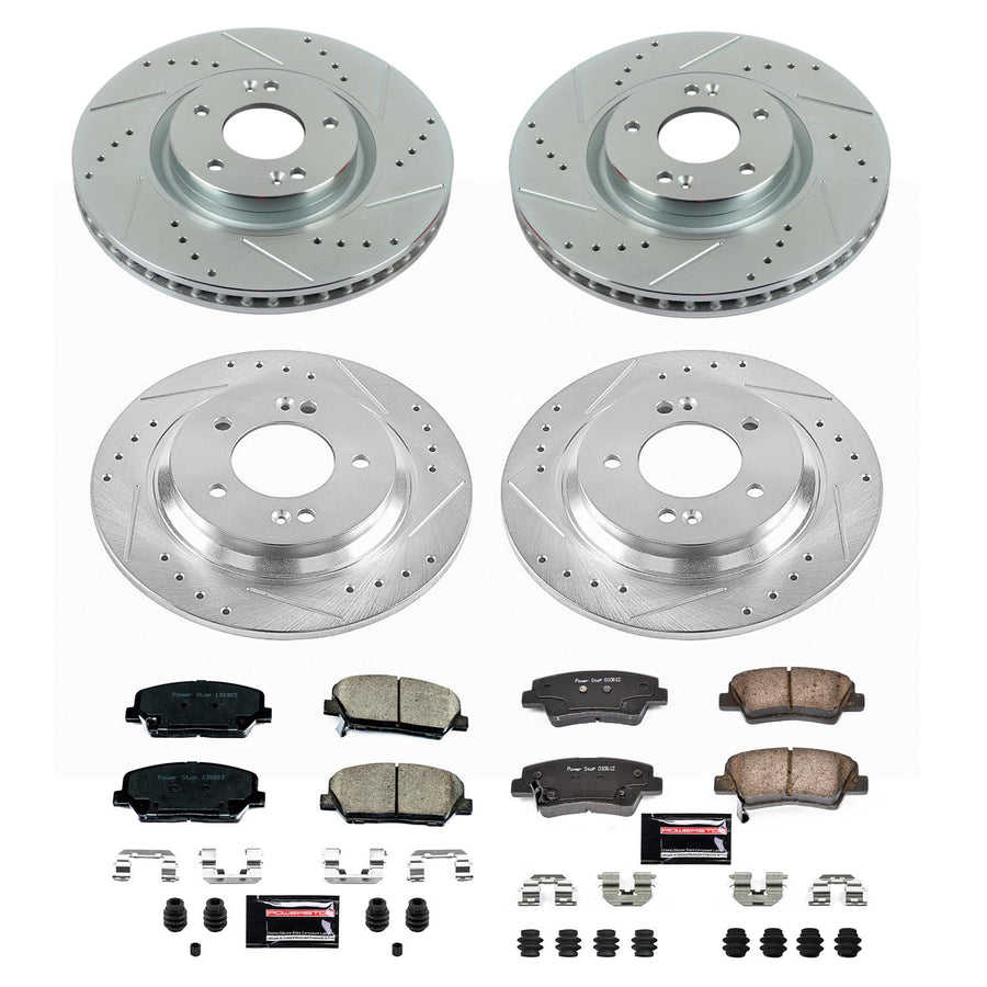 Power Stop K7824 Z23 Carbon Fiber Brake Pads Front and Rear with Drilled & Slotted Brake Rotors Kit For Kia Optima 2013-2015 [Model Specific]