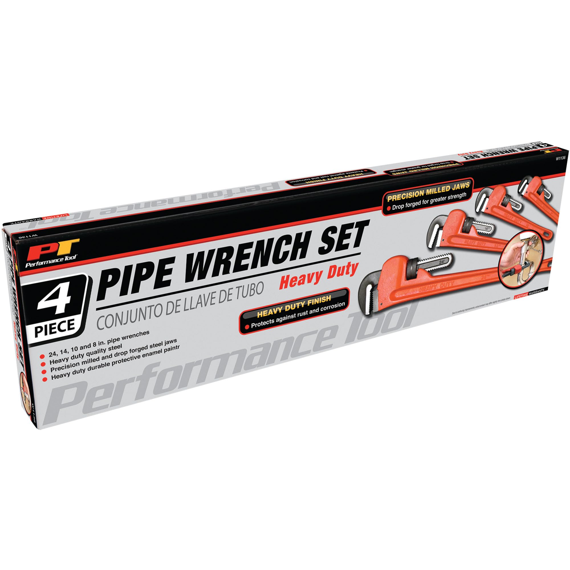 4pc Performance Tool W1136 Heavy-Duty Adjustable Straight Pipe Wrench (8, 10, 14 & 24-Inch)
