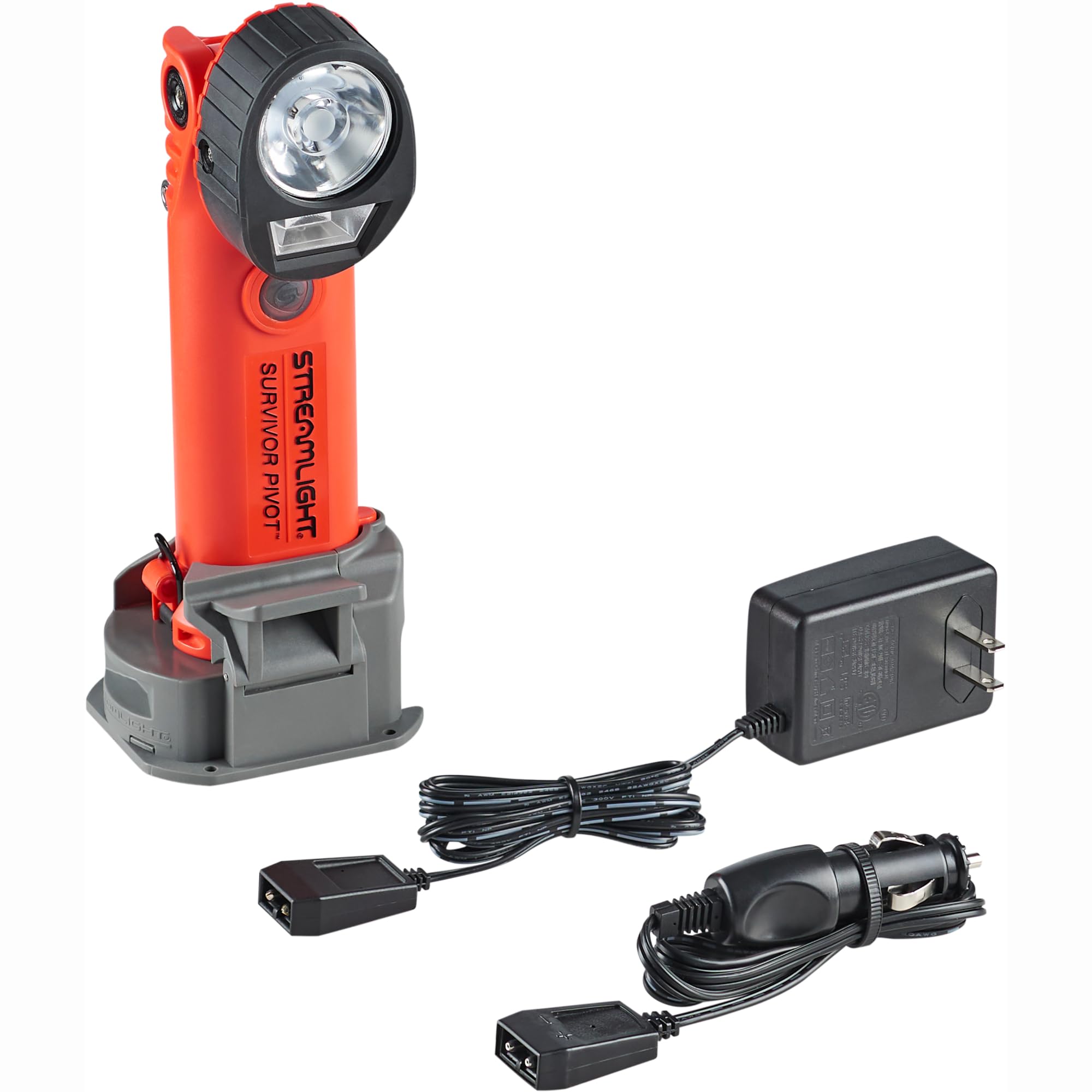 Streamlight Survivor 91802 Pivot 325-Lumen Right Angle Articulating Dual Beam Rechargeable Flashlight with 120V/100V AC/12V DC and Clip, Orange