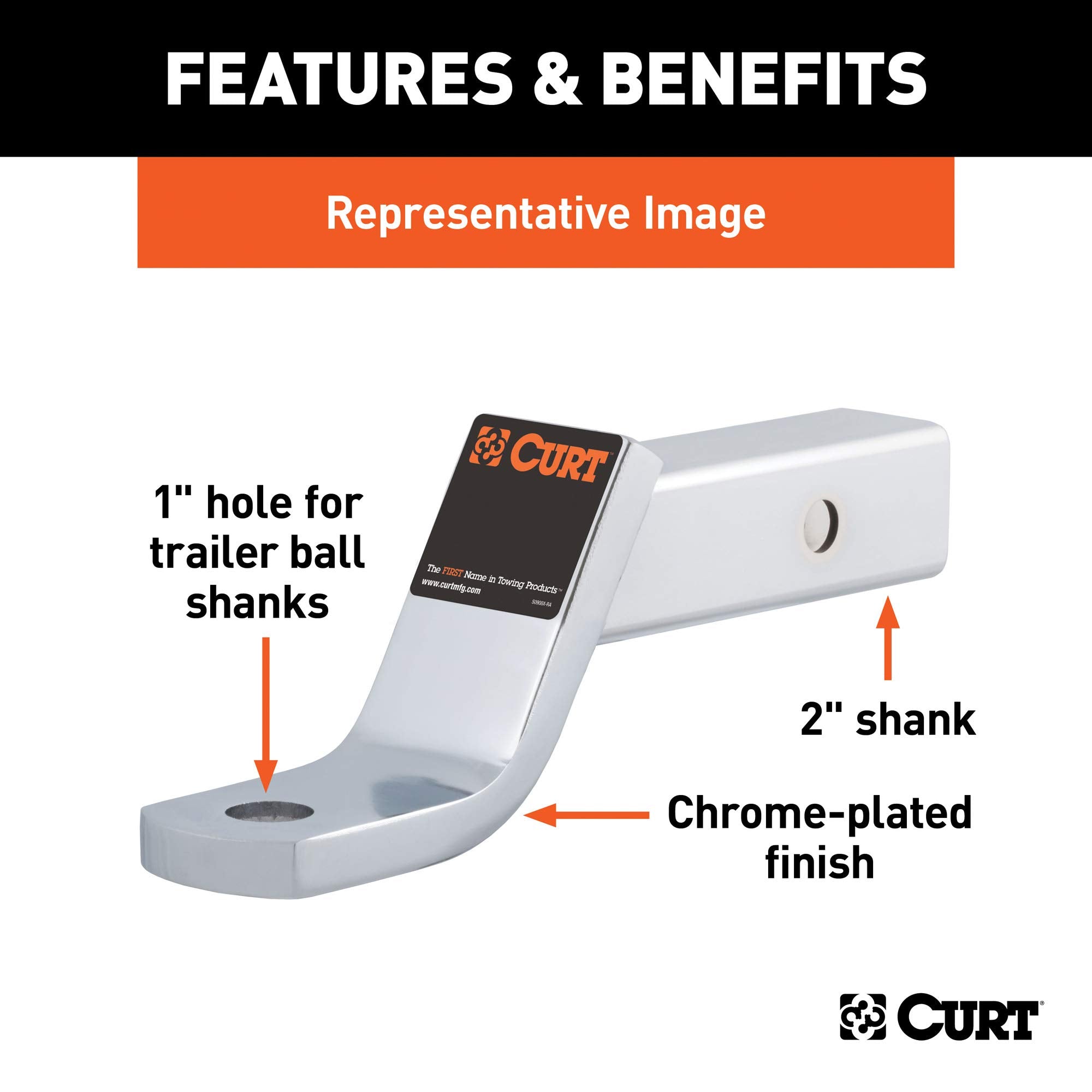 CURT Chrome Class 3 Trailer Hitch Ball Mount 45297, Fits 2-Inch Receiver, 7,500 lbs, 1-Inch Hole, 6-Inch Drop