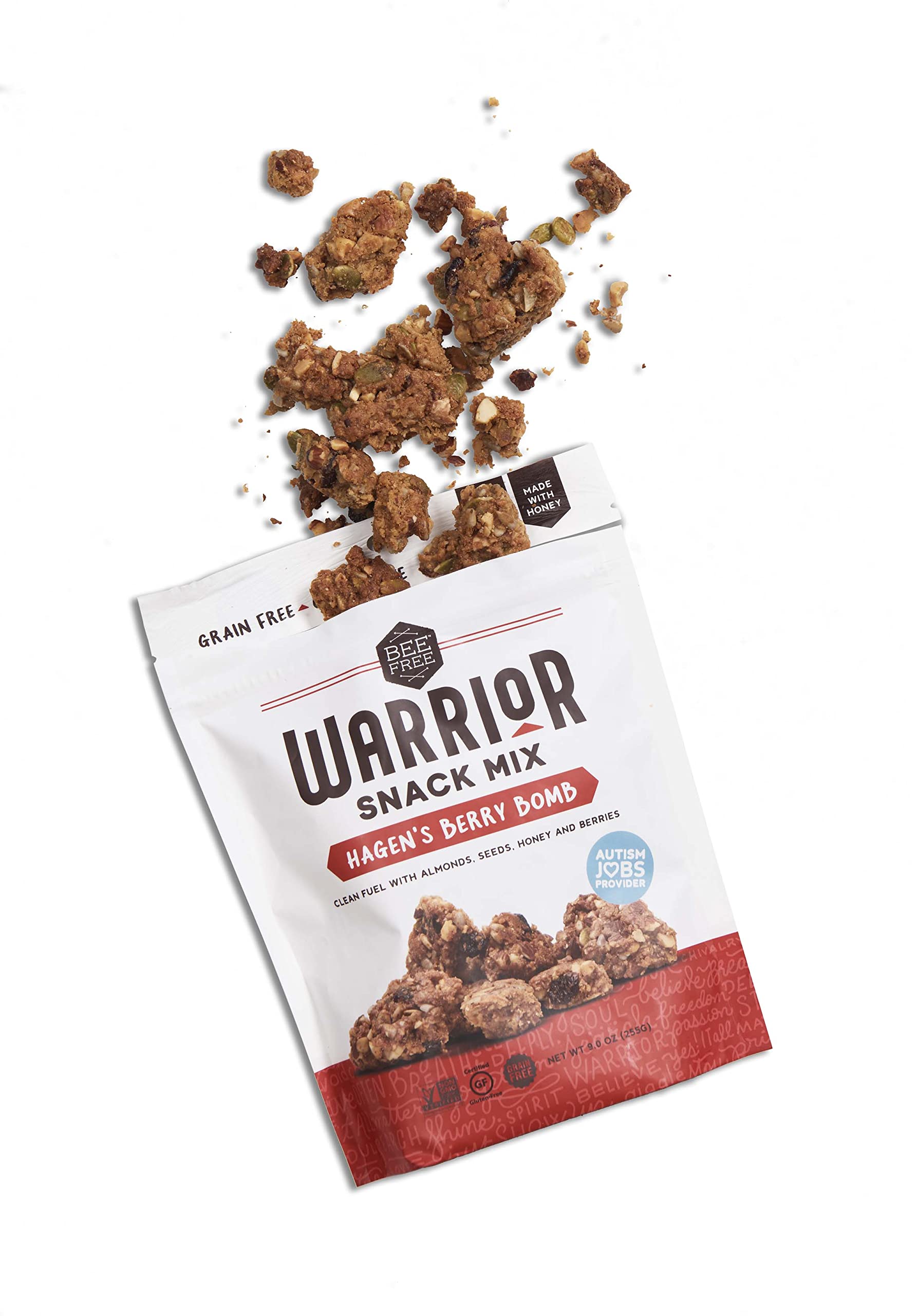 BeeFree Warrior Mix Gluten Free Granola - Chunky Granola Bites | Low Carb, Paleo, Grain Free, Preservative Free, Oat Free | Low Calorie Snacks | Hagen’s Berry Bomb, 9 Ounce Bags, 3 Pack