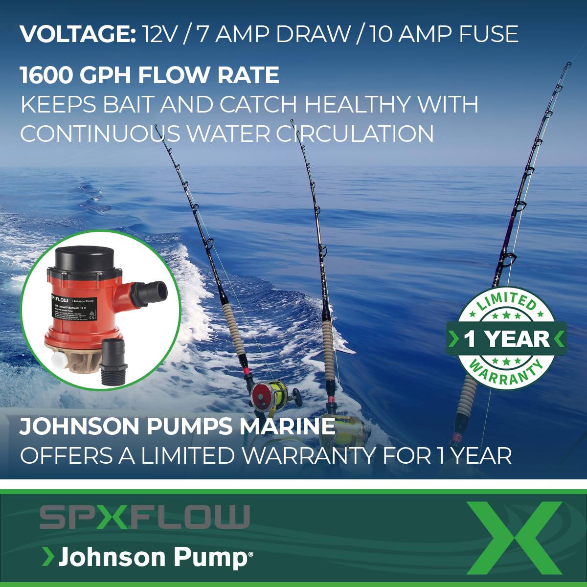 PRO Series Johnson Pumps 166004B 1600 GPH Livewell/Baitwell Aerating Pump, 12V (16004B), Bronze