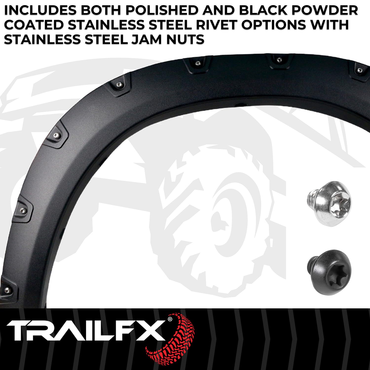 Pocket Style Fender Flares TrailFX TFD3004T for Ram 2500 2011-2018 - Black Textured Paintable Polypropylene, Set of 4 with Stainless and Black Steel Rivets