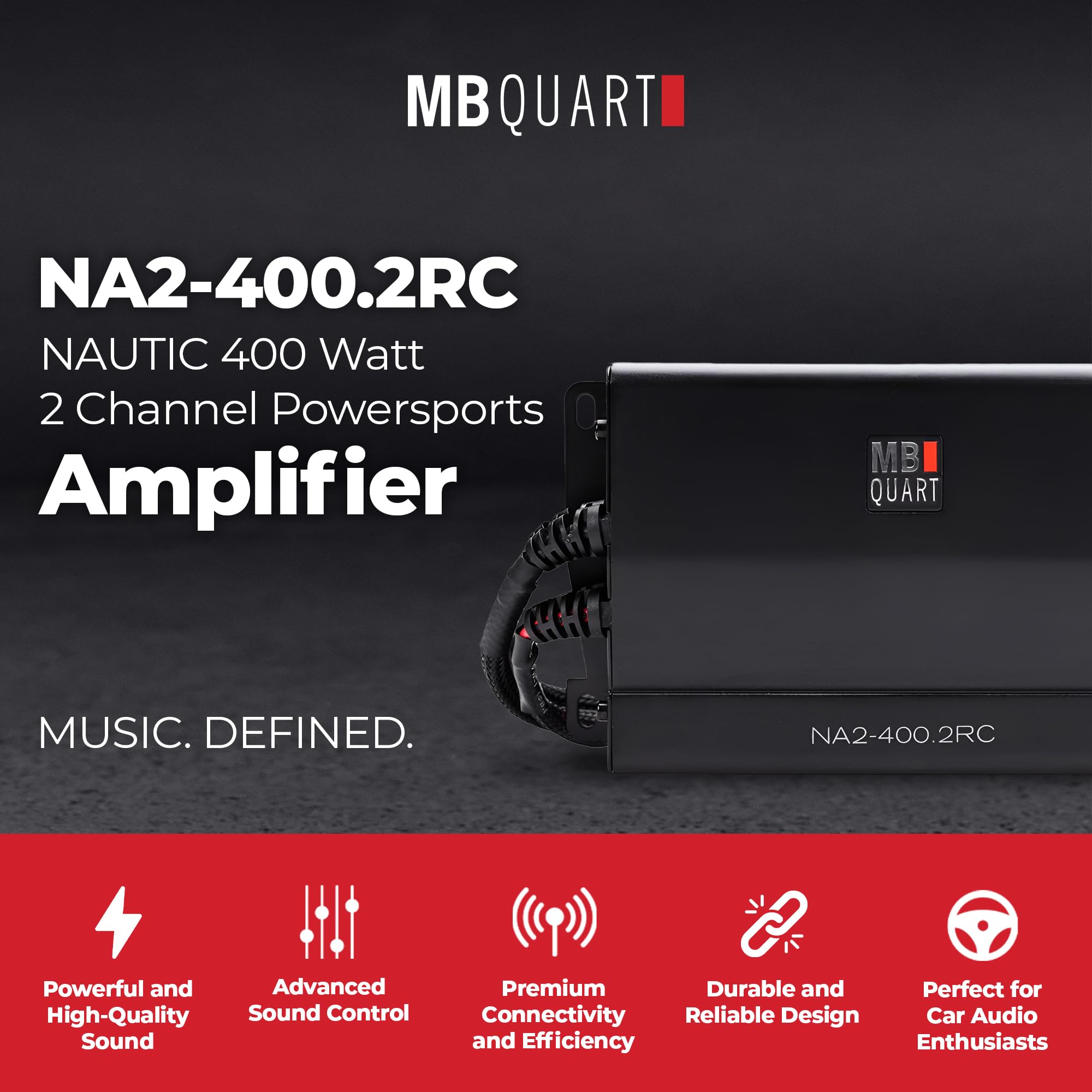 Nautic MB Quart 400W Powersports Amplifier, Marine Grade, IPX67, 2 Channel, Full Range Class D, with Quick Disconnect, NA2-400.2RC