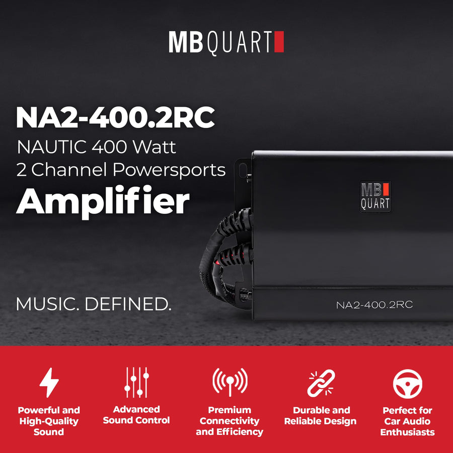 Nautic MB Quart 400W Powersports Amplifier, Marine Grade, IPX67, 2 Channel, Full Range Class D, with Quick Disconnect, NA2-400.2RC