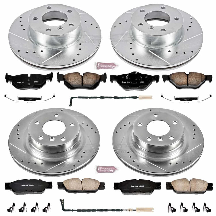 Power Stop K4106 Z23 Carbon Fiber Brake Pads Front and Rear with Drilled & Slotted Brake Rotors Kit and 1 Front & 1 Rear Sensor Wires For BMW 328i 2007 [Model Specific]
