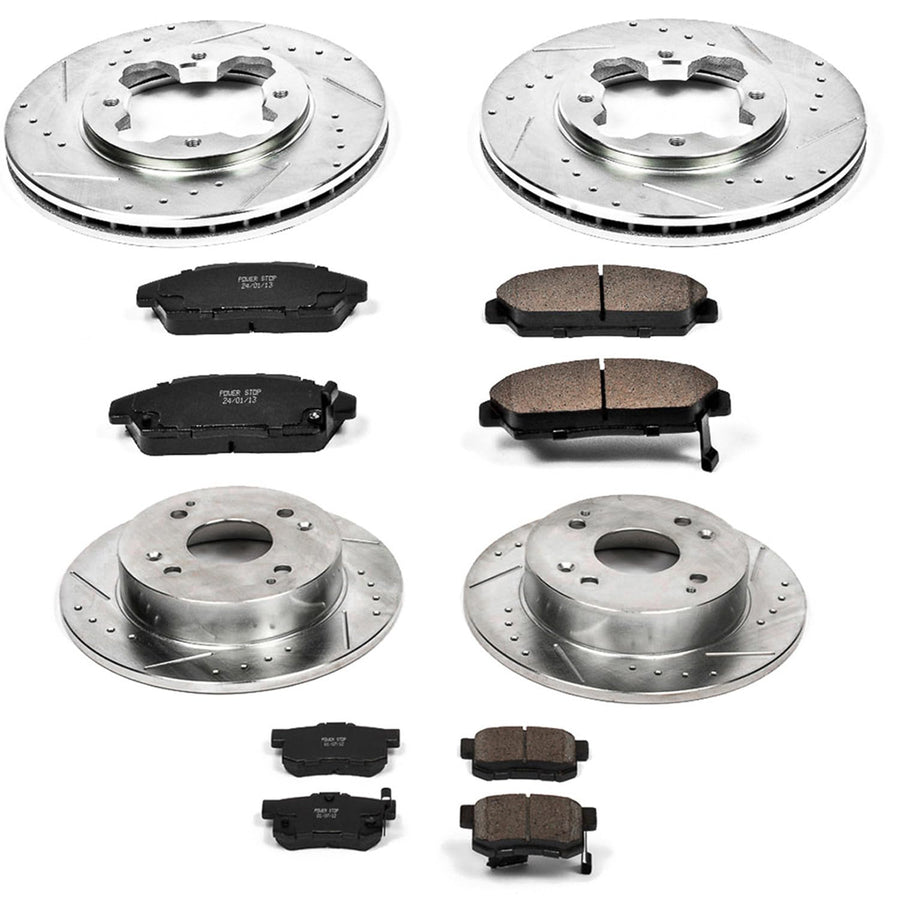 Power Stop K2773 Z23 Carbon Fiber Brake Pads Front and Rear with Drilled & Slotted Brake Rotors Kit For Honda Accord 1991-1993 [Model Specific]
