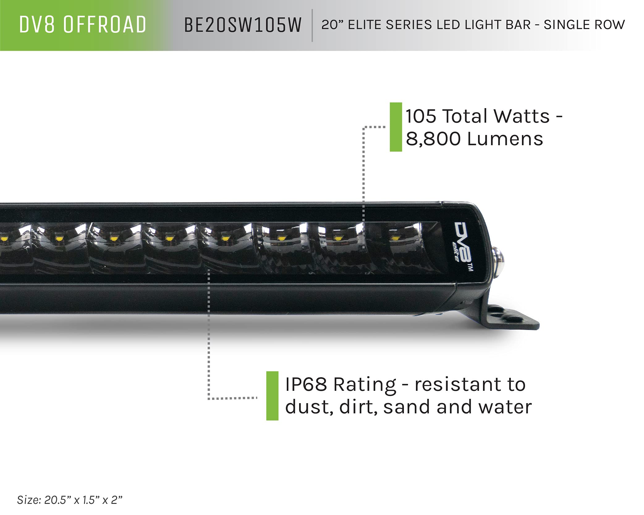 LED Light Bar DV8 Offroad | 20" Low Profile | 8.820 Lumen from OSRAM LED's | Bezel-Less Housing w/Heat Fins | IP68 Rated UV Resistant Lens | Flood/Spot Pattern | Elite Series BE20SW105W