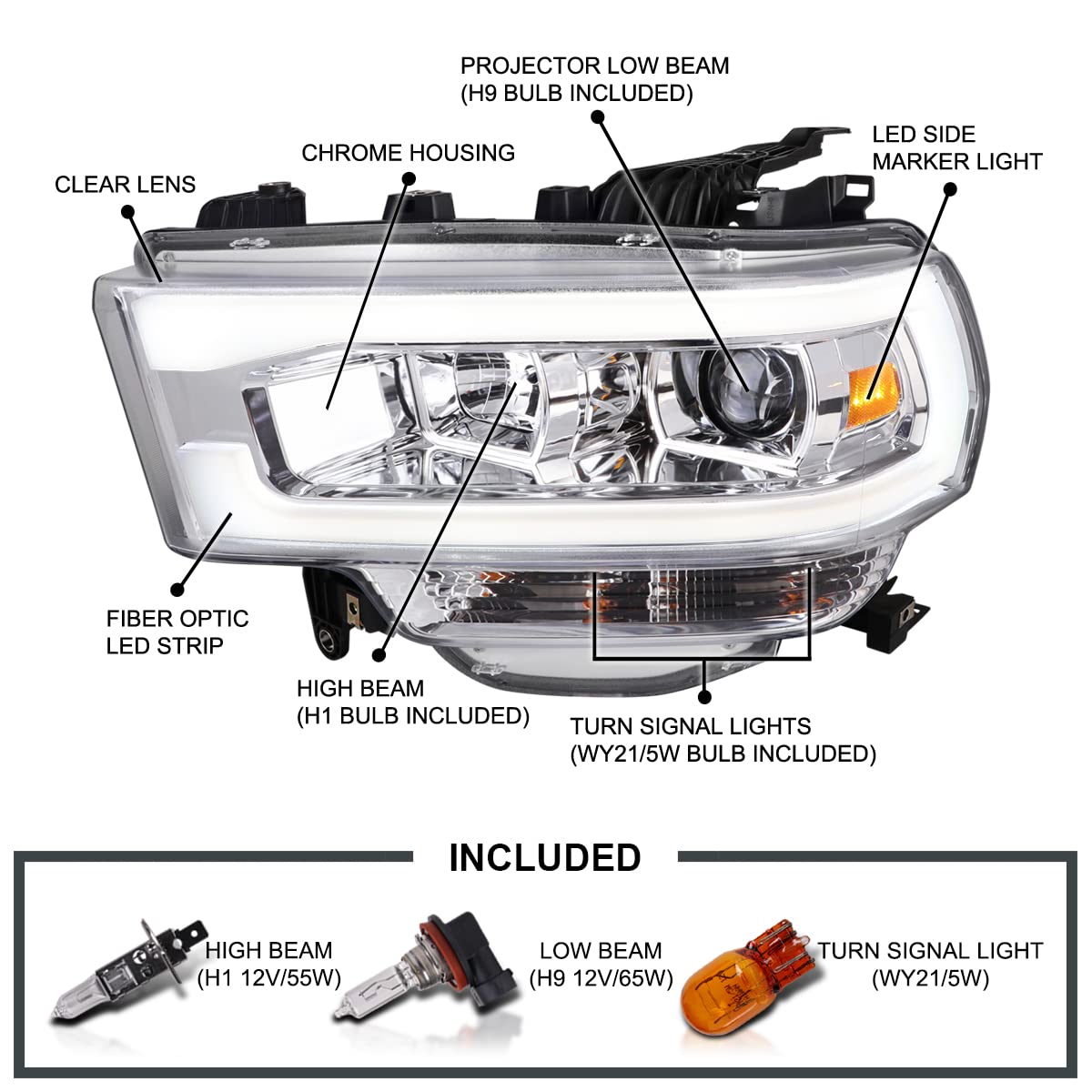 Chrome Projector Headlights w/LED Bar SPEC-D TUNING Compatible with 2019-2024 Dodge Ram 2500, 3500, 4500, Left + Right Pair Headlamps Assembly