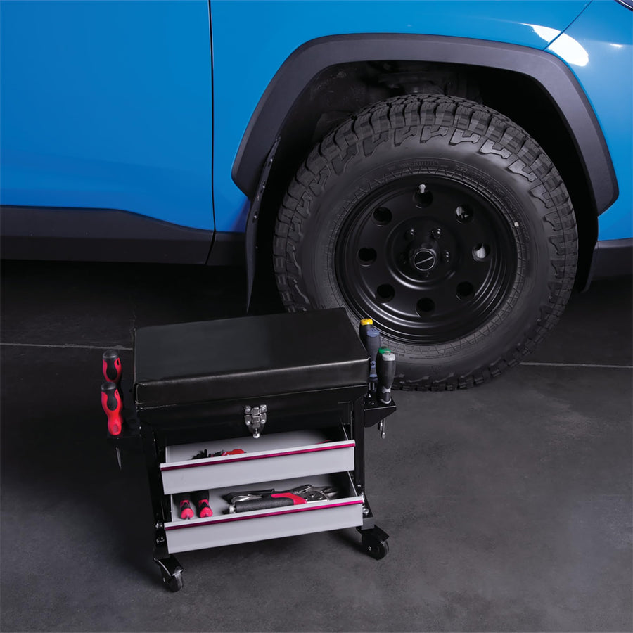W85024 Performance Tool Drawer Creeper Rolling Work Seat with Tool Box for Mechanic Garages and Workshops, Black, 16x9-inch Seat