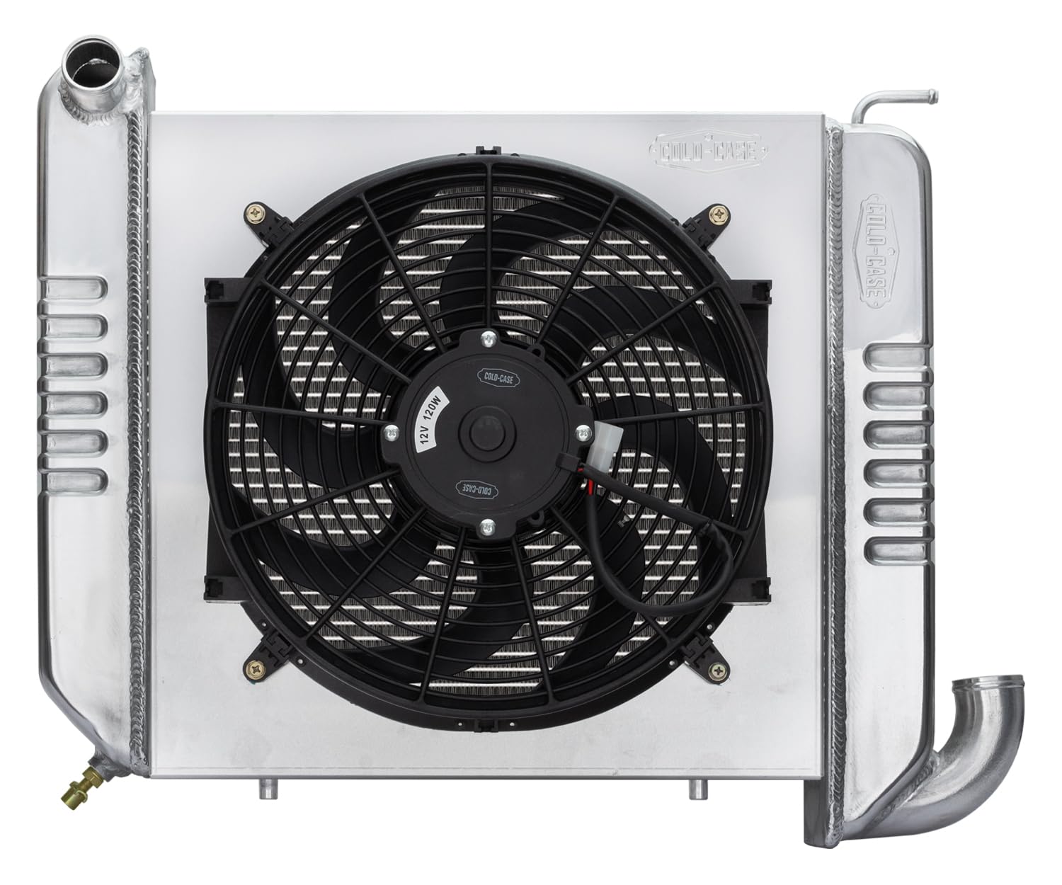 Radiator and Fan, Cold Case Radiators, 24.5 in W x 18 in H x 6.75 in D, Driver Side Inlet, Passenger Side Outlet, Aluminum, Polished, compatible with Chevy Corvette 1965-68, Kit