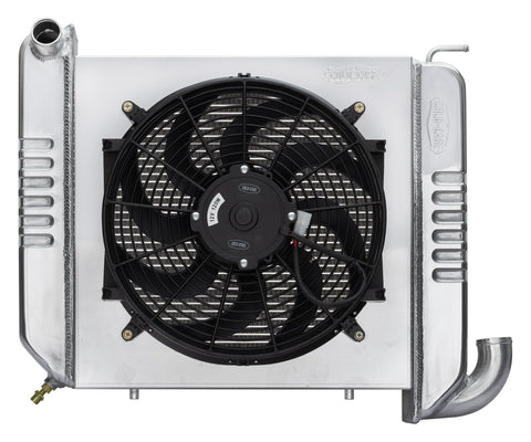 Radiator and Fan, Cold Case Radiators, 24.5 in W x 18 in H x 6.75 in D, Driver Side Inlet, Passenger Side Outlet, Aluminum, Polished, compatible with Chevy Corvette 1965-68, Kit