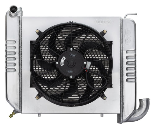 Radiator and Fan, Cold Case Radiators, 24.5 in W x 18 in H x 6.75 in D, Driver Side Inlet, Passenger Side Outlet, Aluminum, Polished, compatible with Chevy Corvette 1965-68, Kit