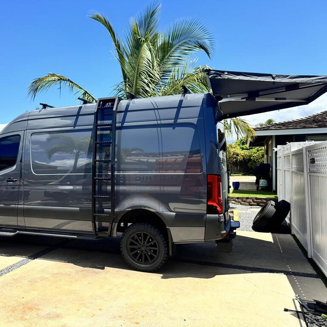HD Nomadic 270 - Overland Vehicle Systems Awning W/Extended Poles High Roof, Grey Body, Green Trim & Black Travel Cover