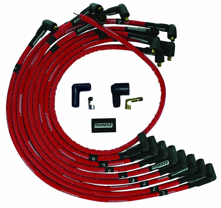 Moroso Ultra Series 52526 Red Sleeved Spark Plug Wires, Small Block Chevy, Over Valve Cover Routing, 90 Degree Plug Ends, Non HEI Distributor