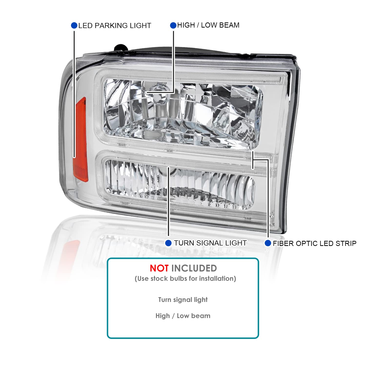 Chrome Headlights SPEC-D TUNING with LED Bar Compatible with 1999-2004 Ford F-250, F-350, F-450 SuperDuty, 2000-2004 Excursion, Left + Right Head Lights Assembly