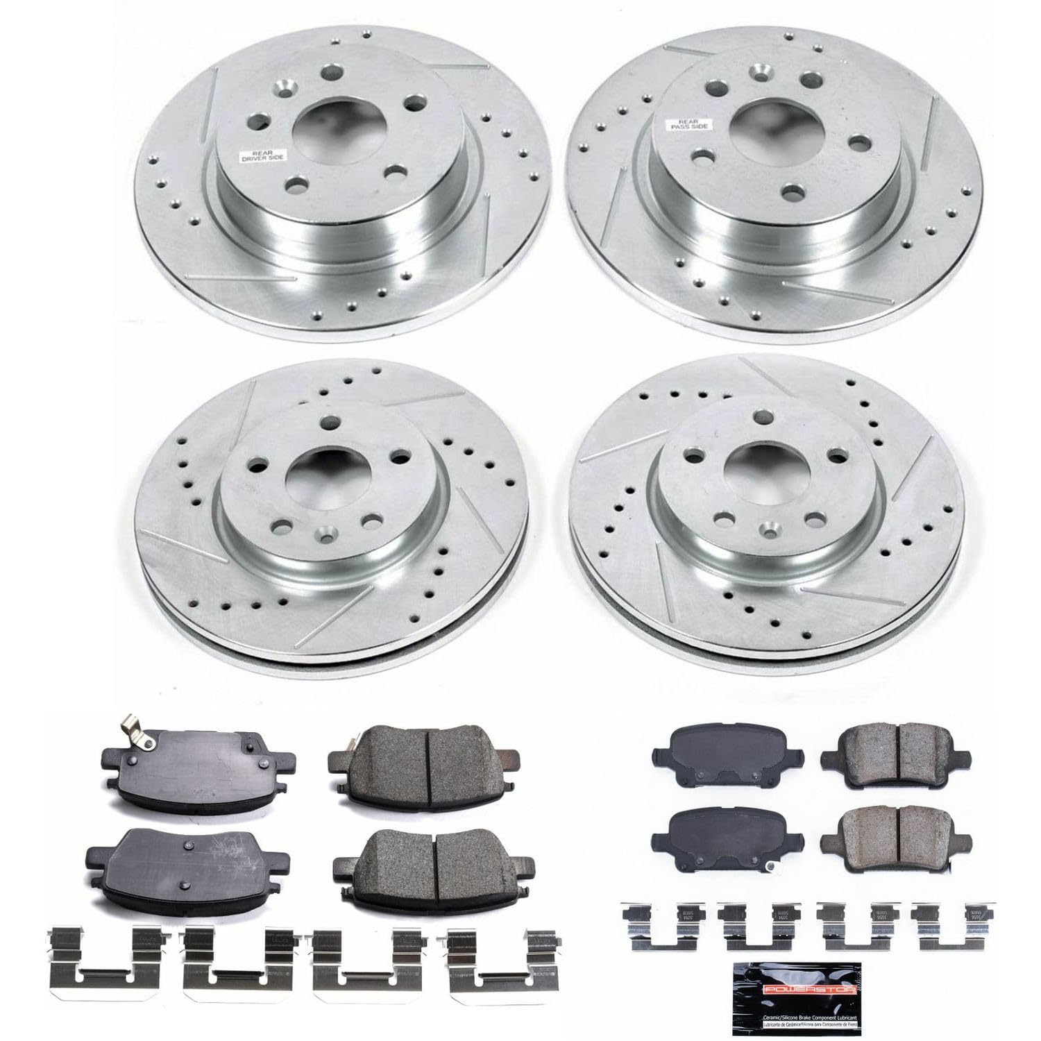 Power Stop K7907 Z23 Carbon Fiber Brake Pads Front and Rear with Drilled & Slotted Brake Rotors Kit For Chevrolet Cruze 2016 [Model Specific]