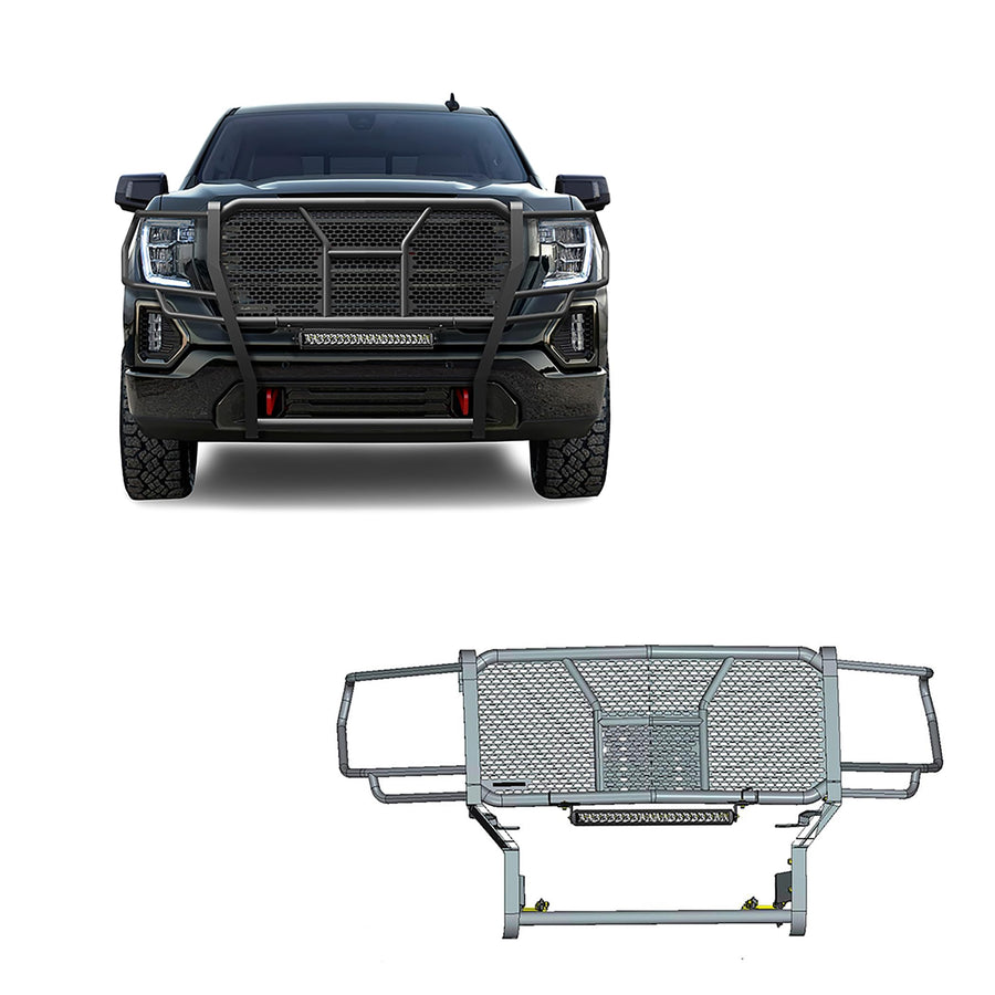Heavy Duty Black Horse Rugged Grille Brush Bumper Guard Modular Black Come with Single Row LED Light Compatible with 2019-2021 GMC Sierra 1500-RU-GMSI19-B-K2
