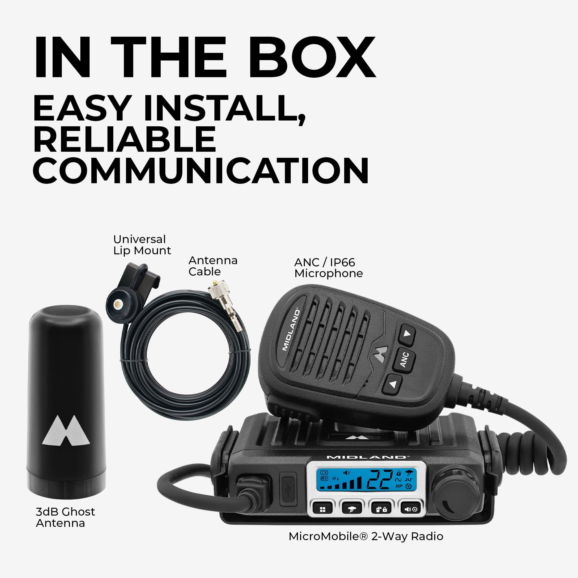 MXT115VP3 Midland® – 15 Watt GMRS MicroMobile® Two-Way Radio - Off Roading Outdoor Farm - Extended 3dB gain Universal Lip Mount Antenna Dustproof Noise-Canceling Microphone - 8 Repeater Channels