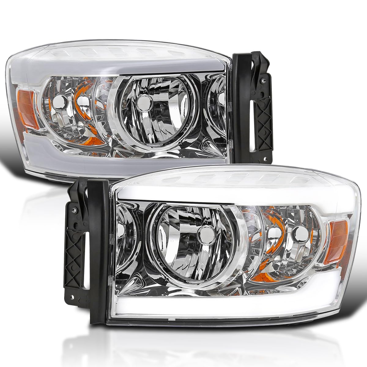 Chrome Headlights SPEC-D TUNING w/LED Bar Compatible with 2006-2008 Dodge Ram 1500/2500 / 3500, 2007-2009 Dodge Ram 2500/3500, Left + Right Pair Headlamps Assembly