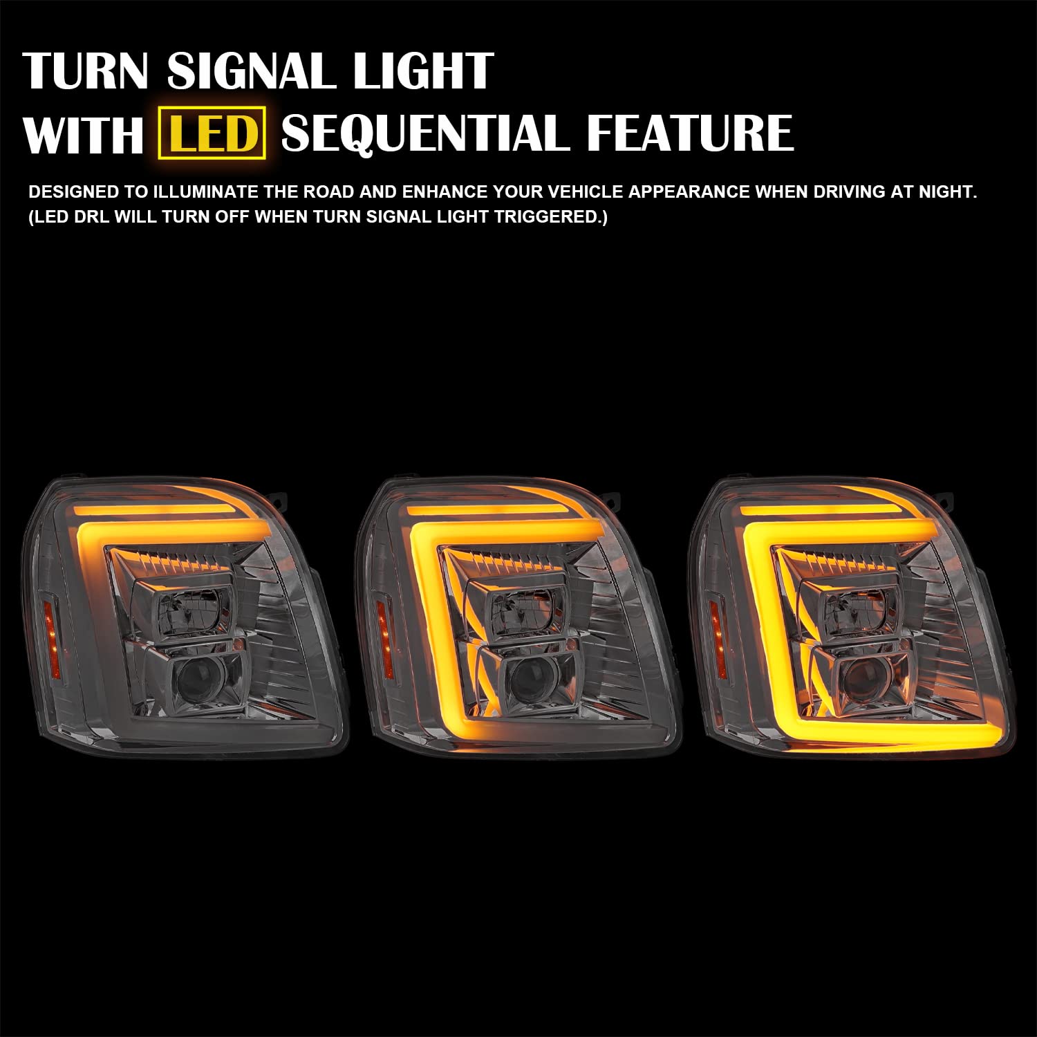 Chrome Sequential LED Signal Tube Projector Headlights SPEC-D TUNING Compatible with 2007-2014 GMC Yukon/Yukon XL Denali 1500 2500, Left + Right Pair Headlamps Assembly
