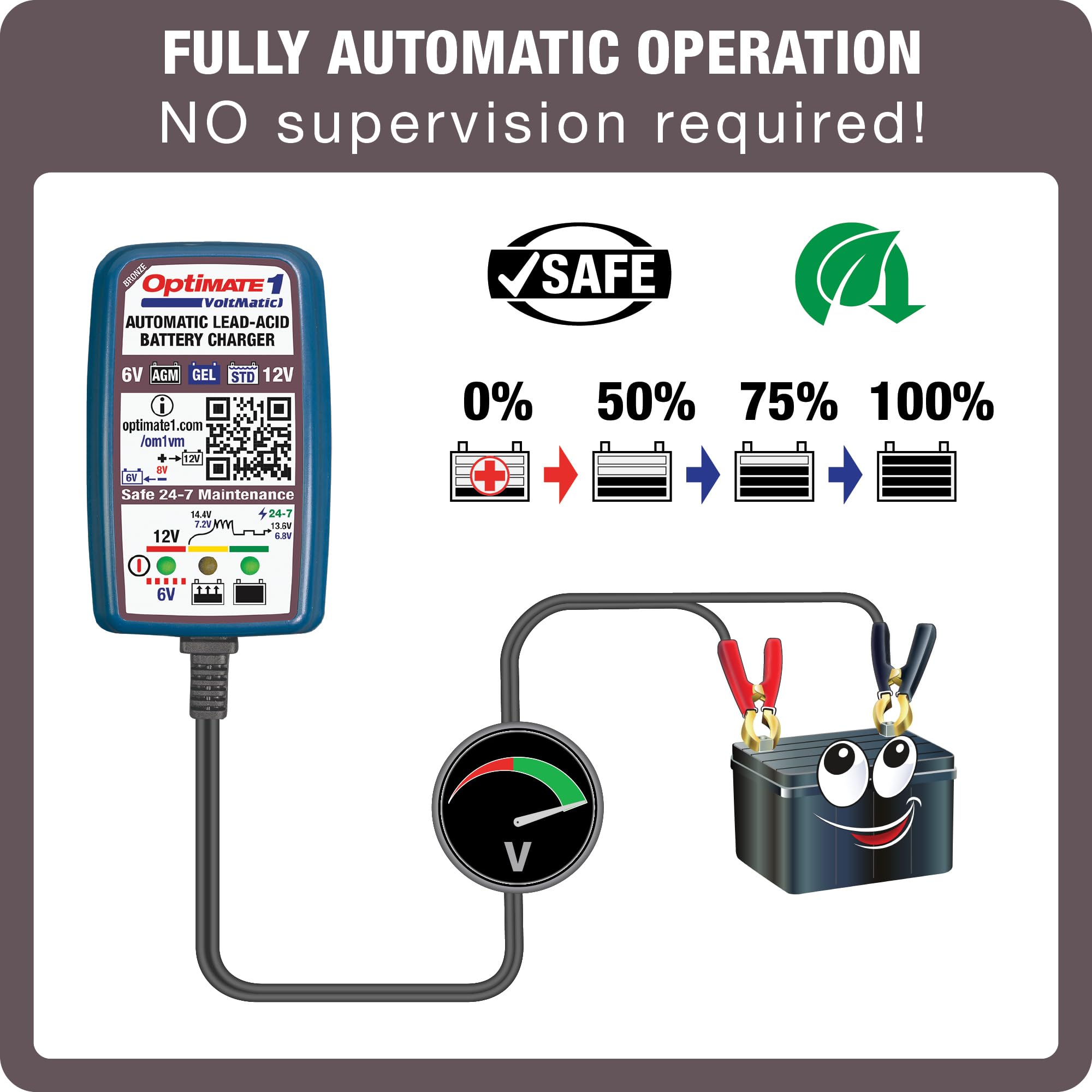 Optimate 1 VoltMATIC, TM-401a, Bronze Series Tecmate: 4-Step 6V / 12V (0.6A), Battery Charger & maintainer,Blue