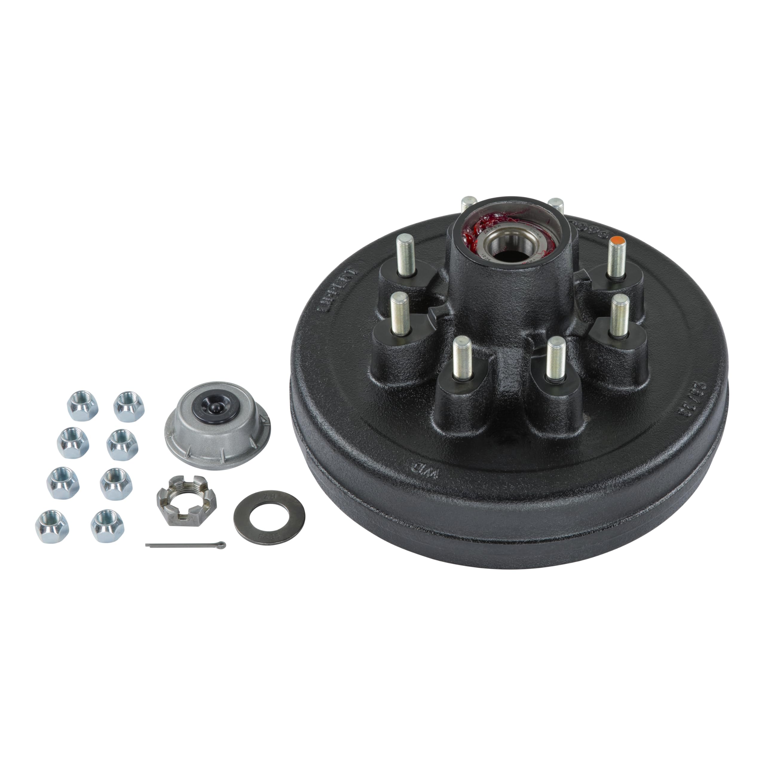 Lippert Pre-Greased Complete Hub Assembly Kit for 7,000-lb. Axle Hubs with Brake Hub Assembly, Dust Cap, Cotter Pin, 6-Slot Castle Spindle Nut, Round Spindle Washer, (8) 60° Cone Trailer Lug Nuts