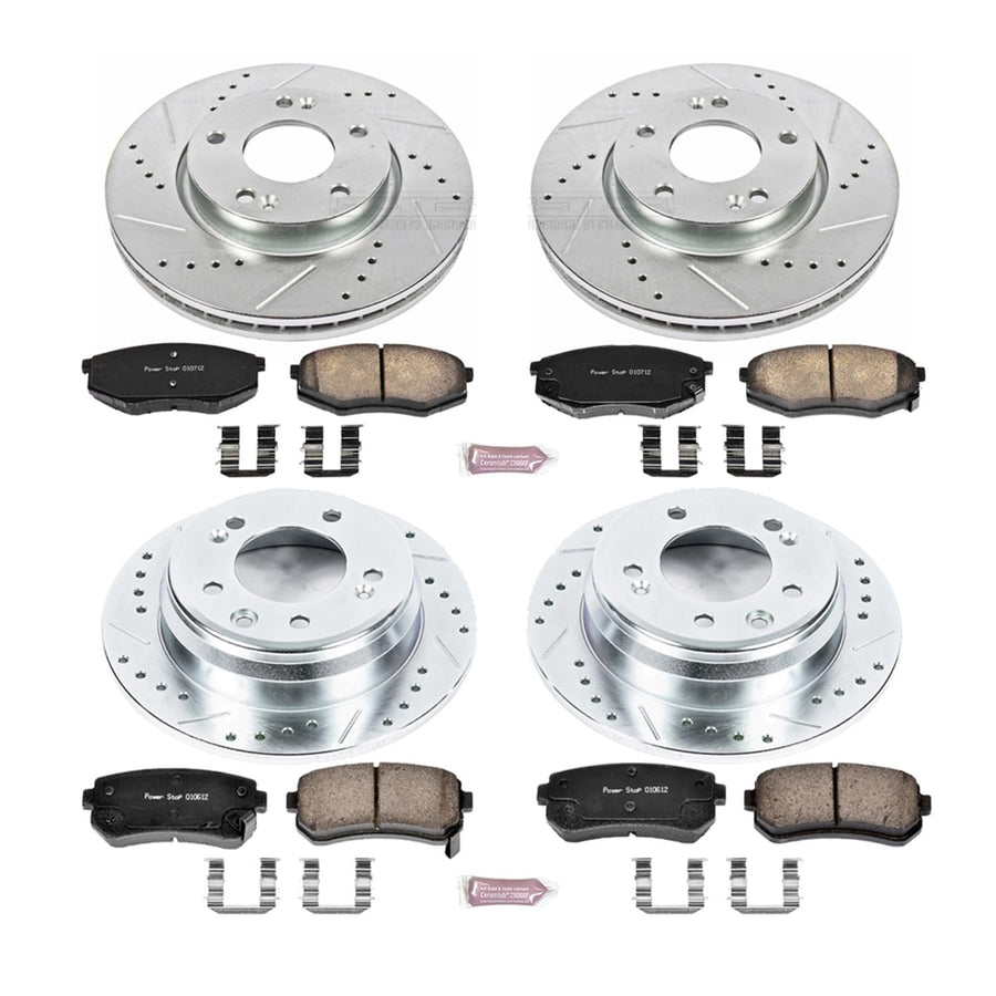 Power Stop K5807 Z23 Carbon Fiber Brake Pads Front and Rear with Drilled & Slotted Brake Rotors Kit For Hyundai Tucson 2010-2011, Kia Sportage 2011 [Model Specific]