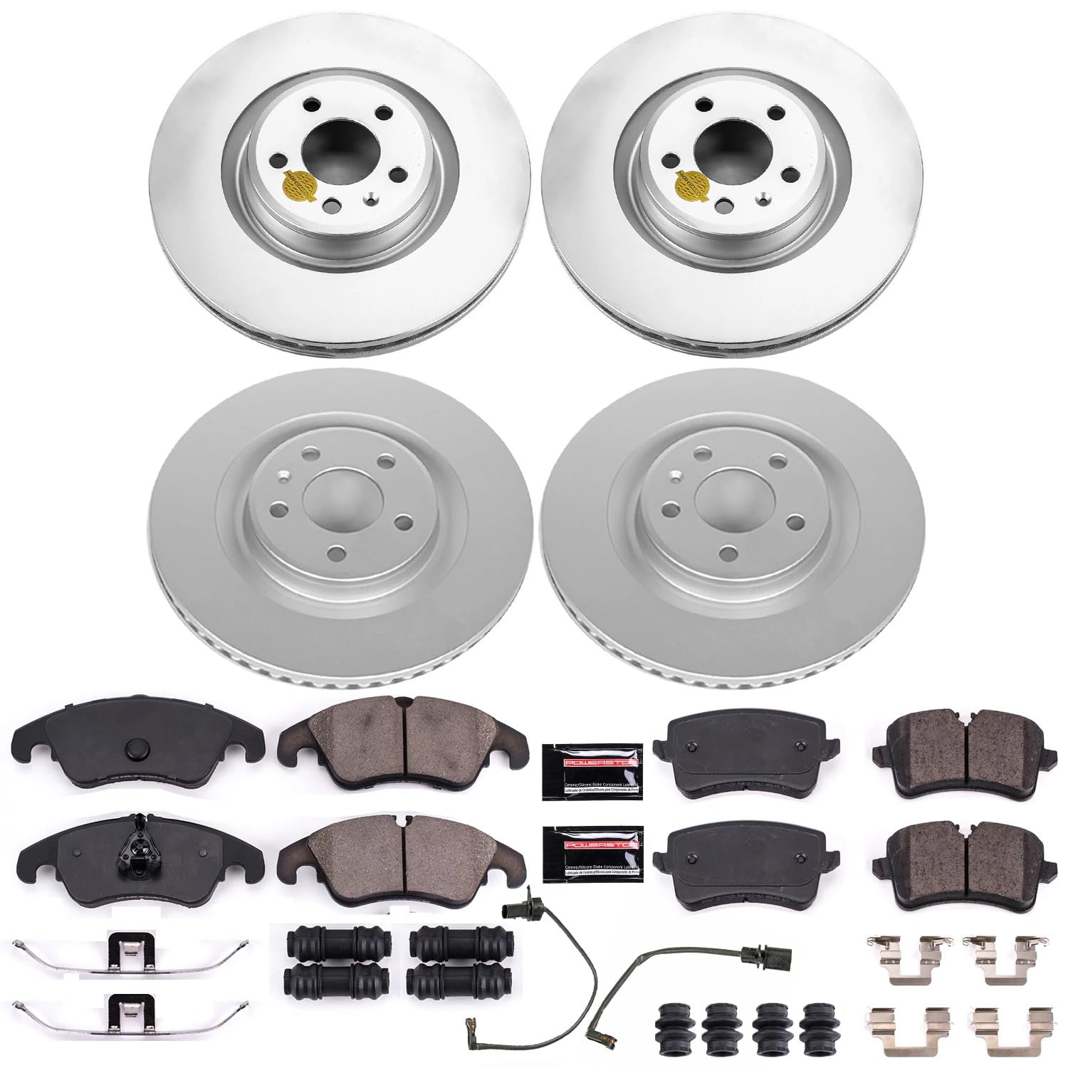 Power Stop CRK6141 Brake Rotor Coated and Ceramic Brake Pads- Front & Rear and 1 Front & 1 Rear Sensor Wires For Audi A6, Audi A6 Quattro, Audi A7 Quattro [Model Specific]